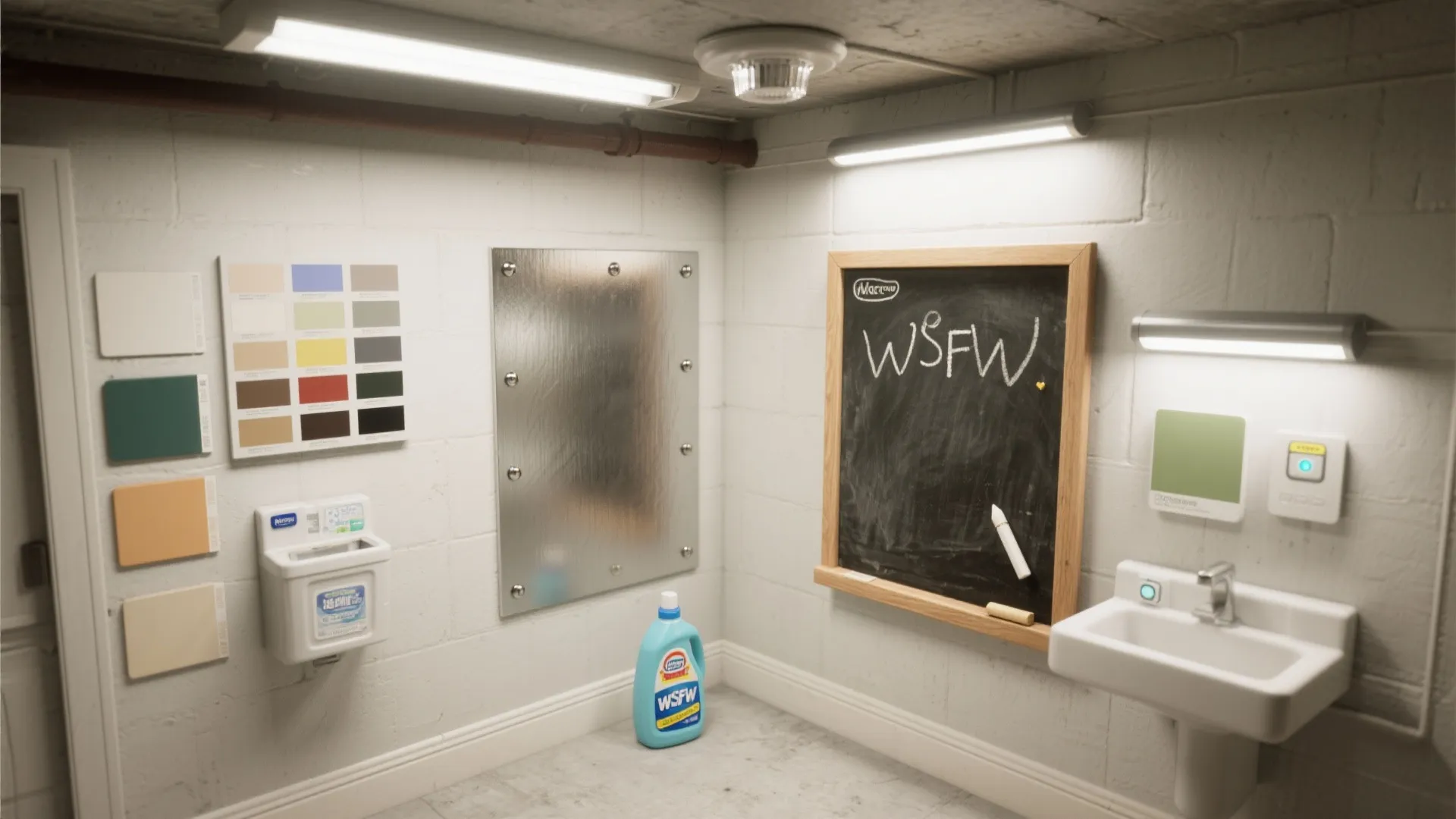 Basement utility room showing white brick walls color palette metal panel blackboard and white sink
