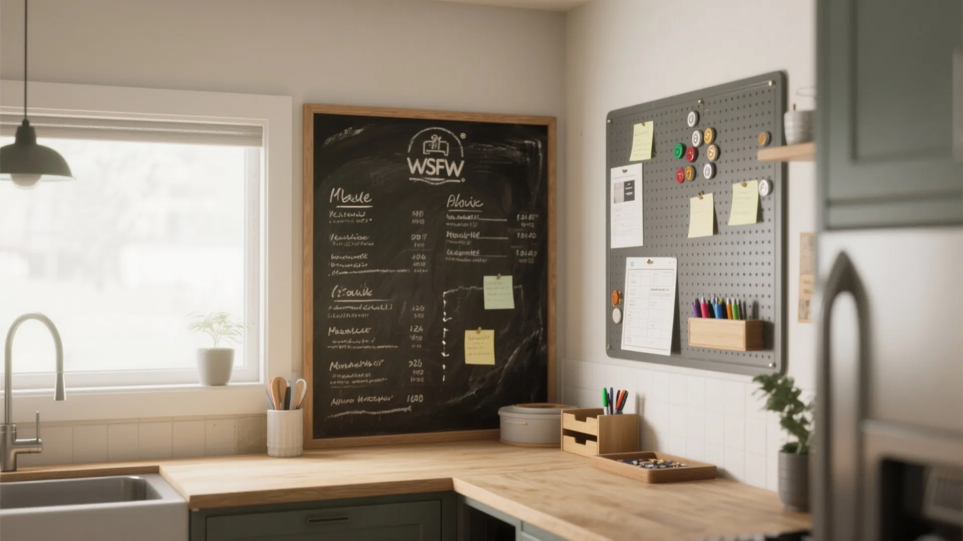 Kitchen counter with wood surface black chalkboard wall organizer pegboard and sink near a window