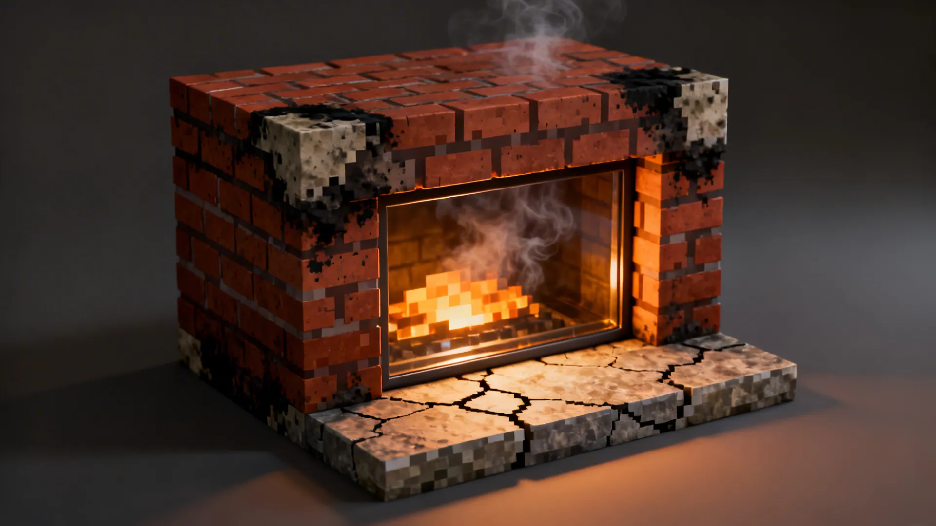 Minecraft style brick fireplace with burning fire and smoke sitting on a cracked stone base