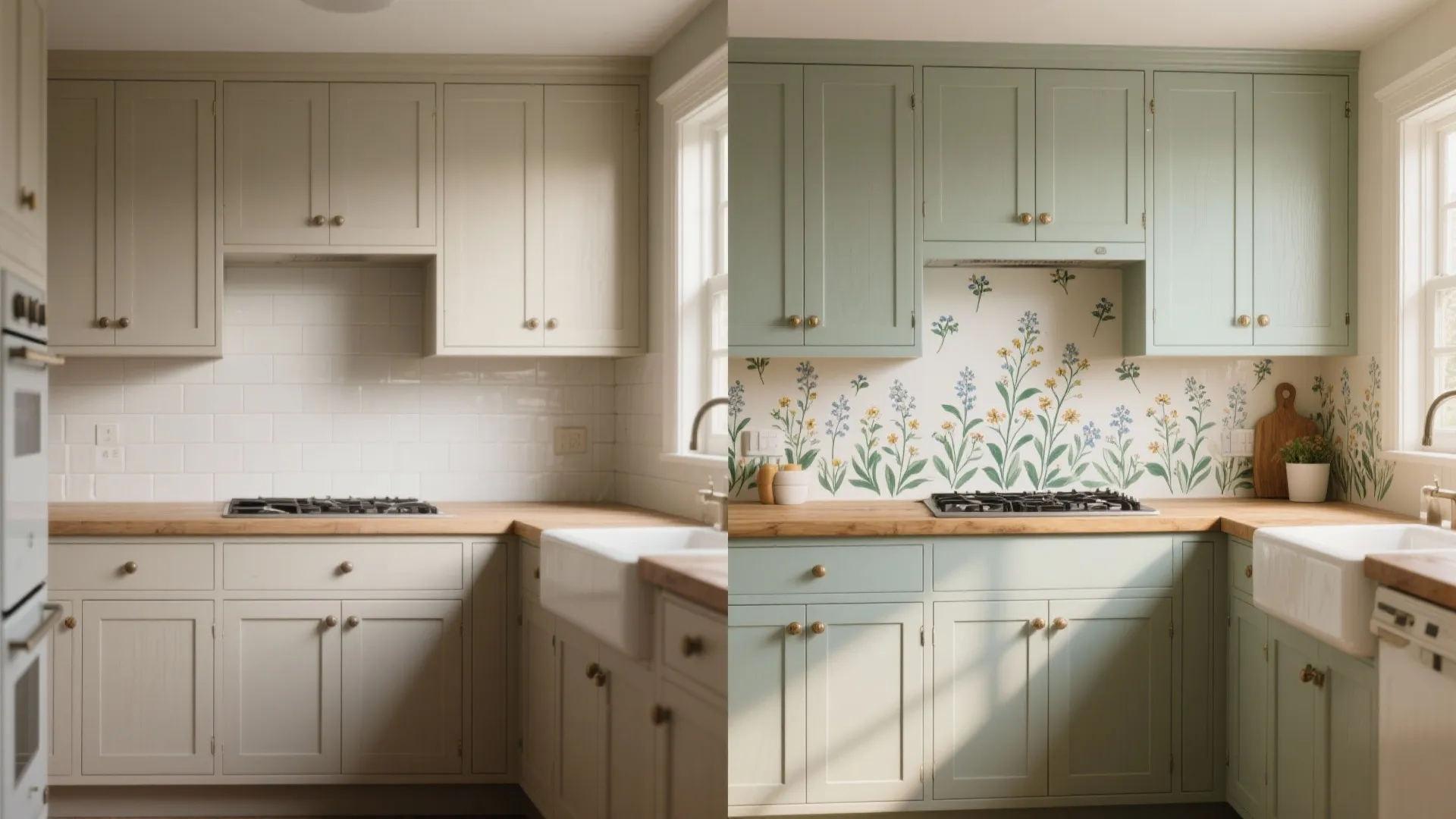 Before and after comparison of a kitchen from plain beige cabinets to green floral cabinets