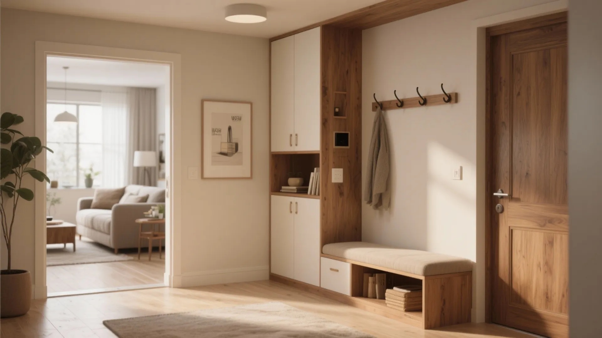Modern hallway with white storage cabinet wooden bench wall hooks and view into living room
