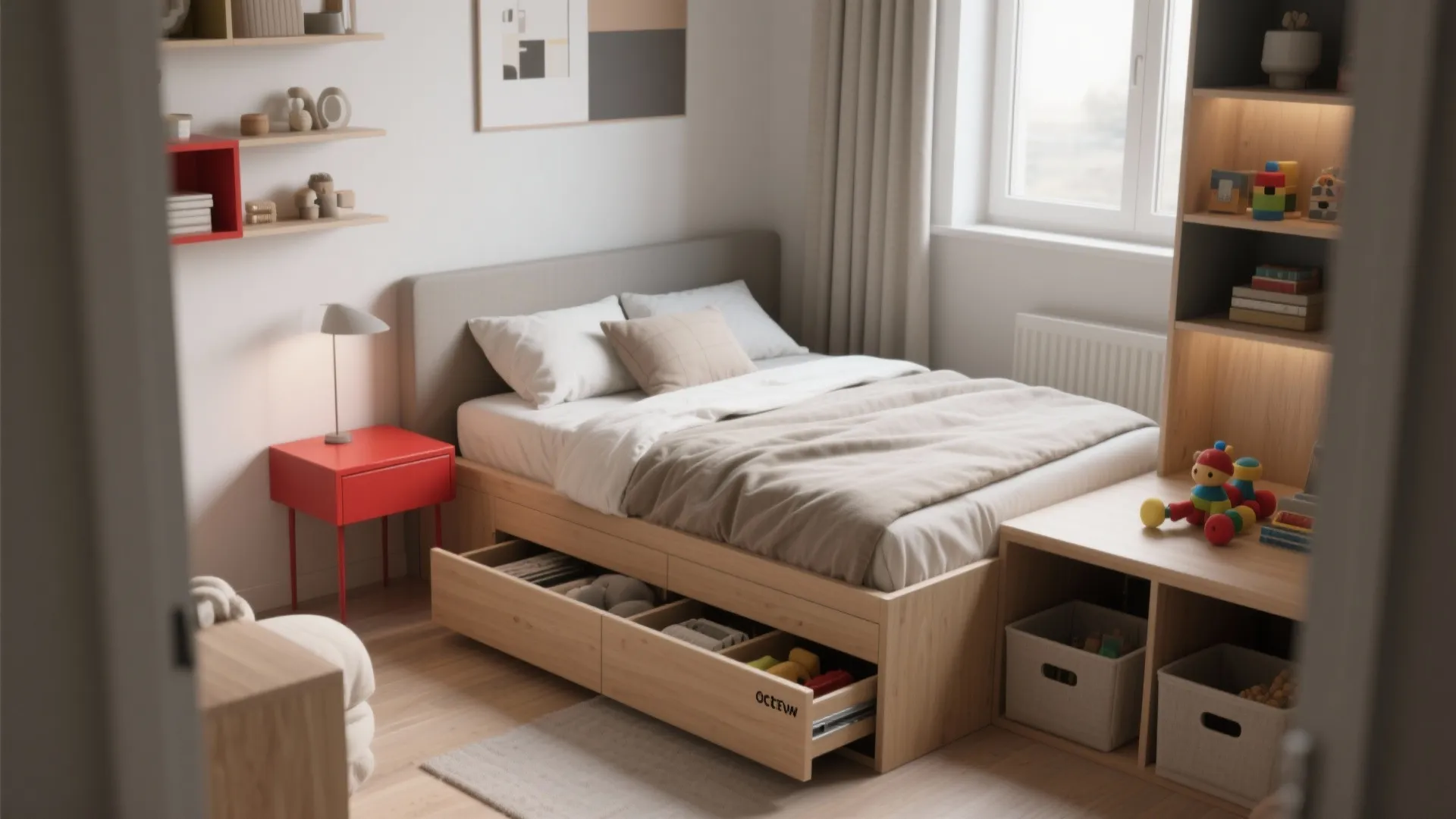 Compact bedroom with a low platform bed featuring under-drawer storage, a red bedside table, and modular shelving for practical organization.