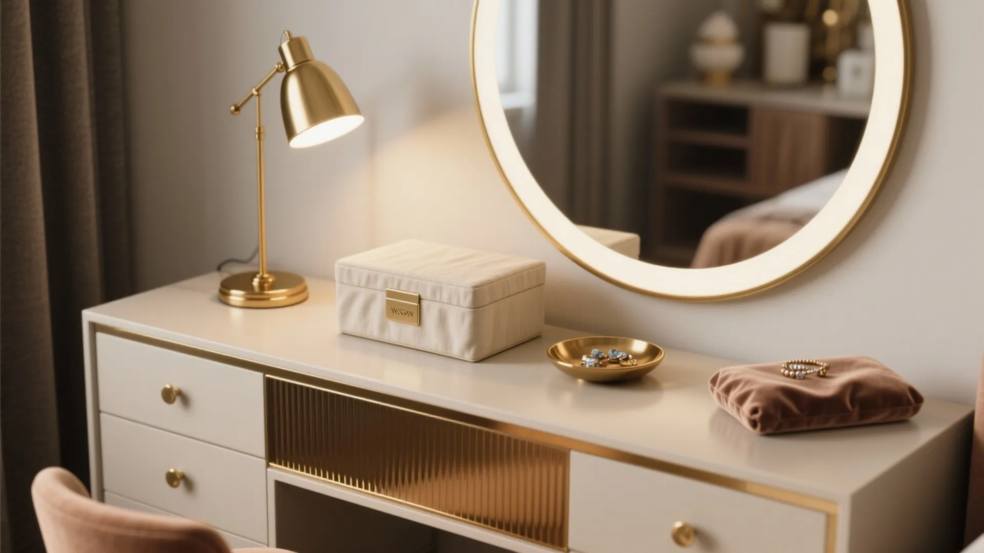 5. Functional Glam: Lighting, Mirror, and Storage