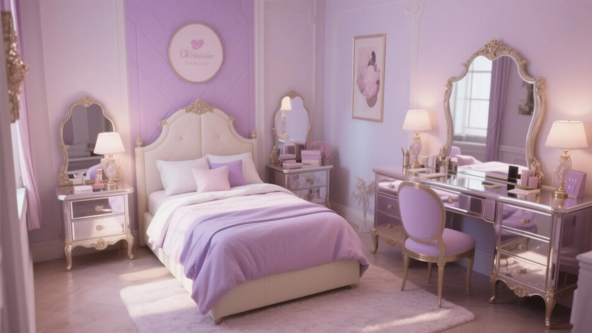 Elegant purple bedroom featuring a white bed with purple bedding plus a vintage style vanity