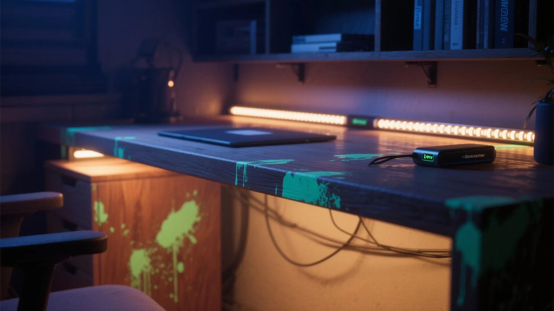 Wooden desk with glowing green splatters and a light strip under a dark wall shelf