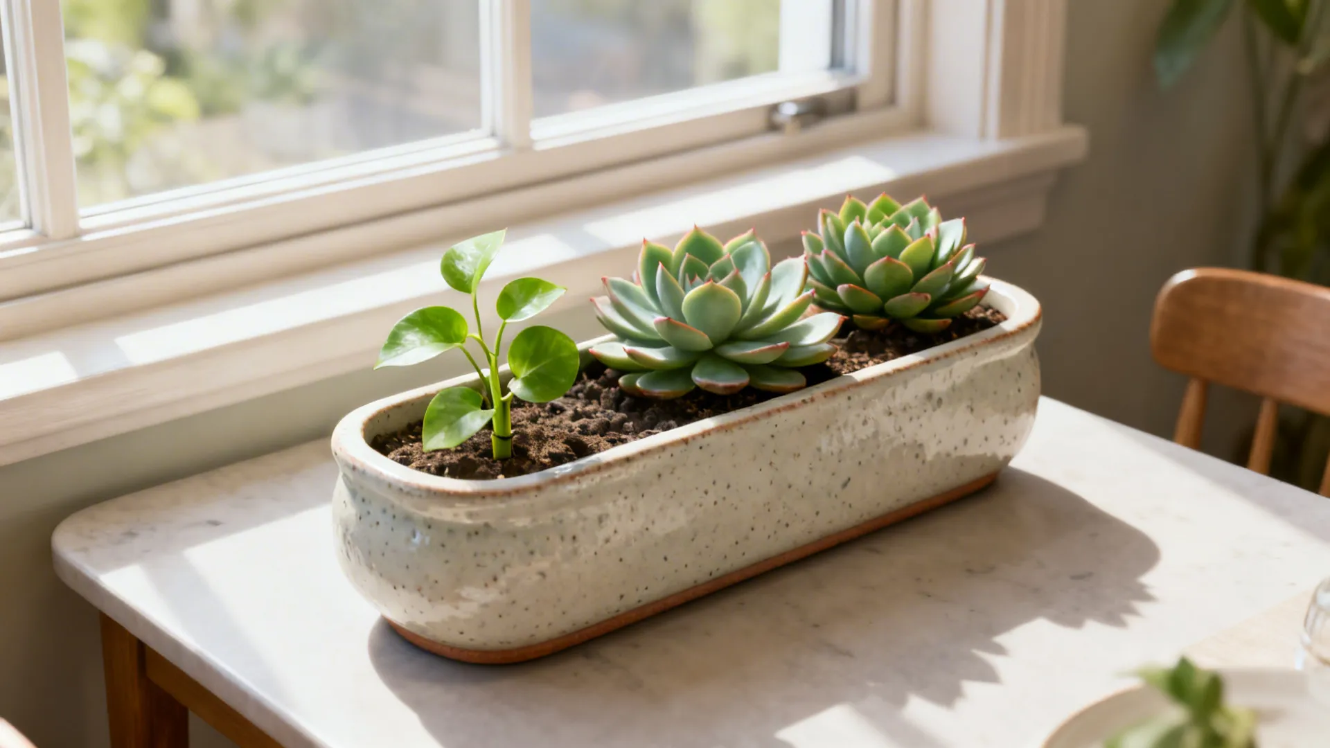 Small green plants and succulents in a white ceramic pot on a marble dining table