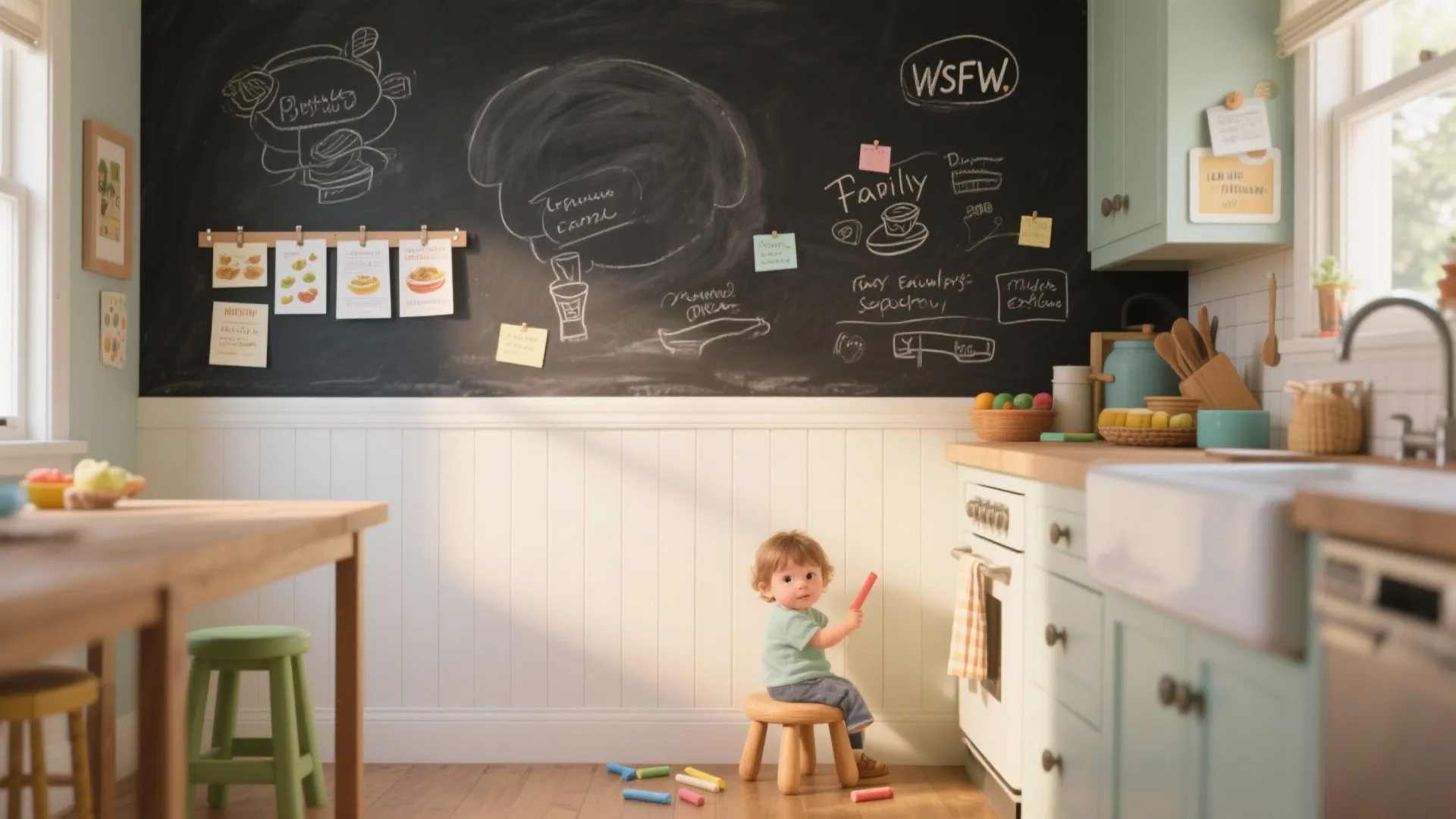 Child sitting on stool in kitchen with large black chalkboard wall and white wall panel