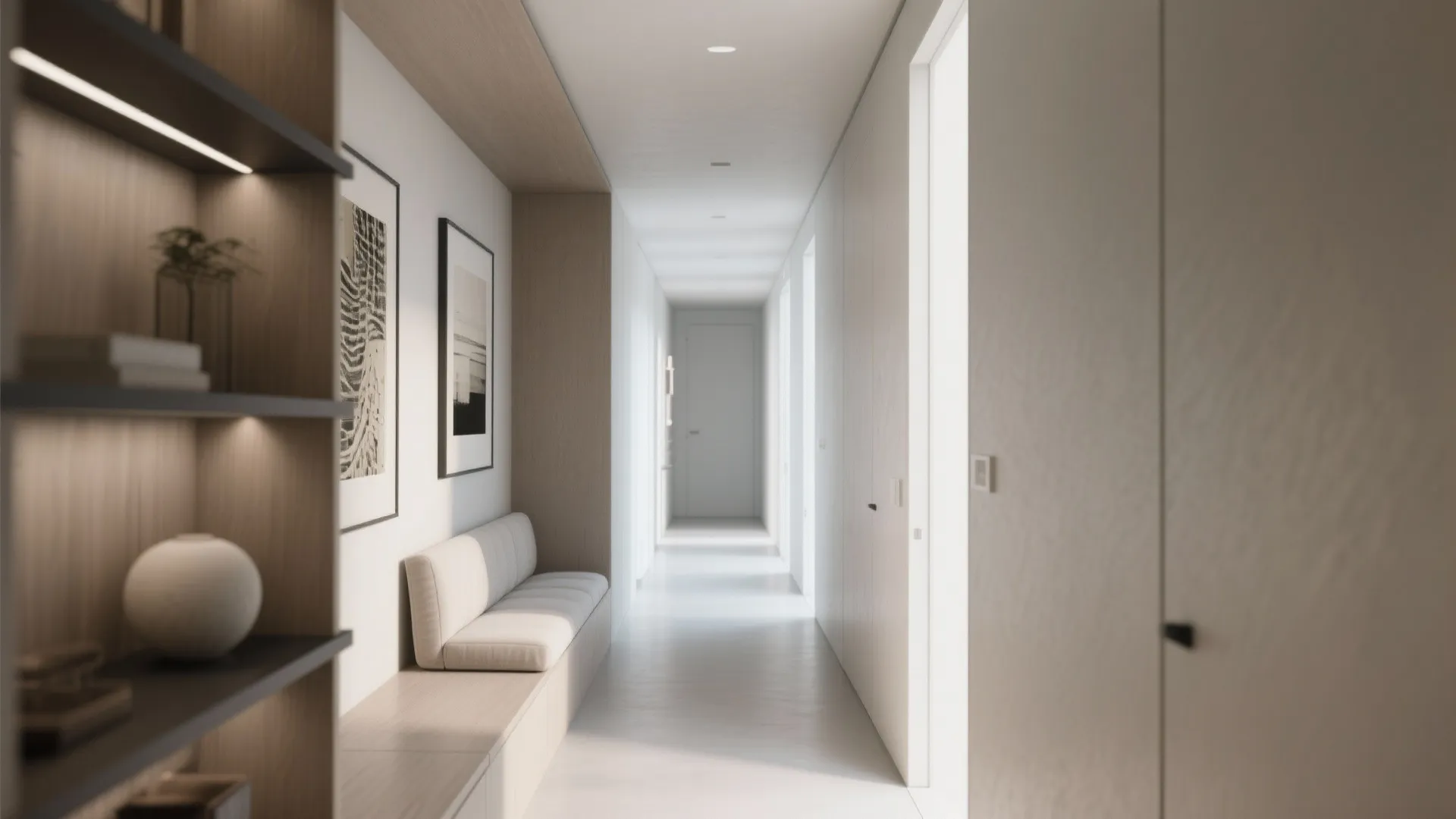 Hallway with built-in shelves, seating, and art displays