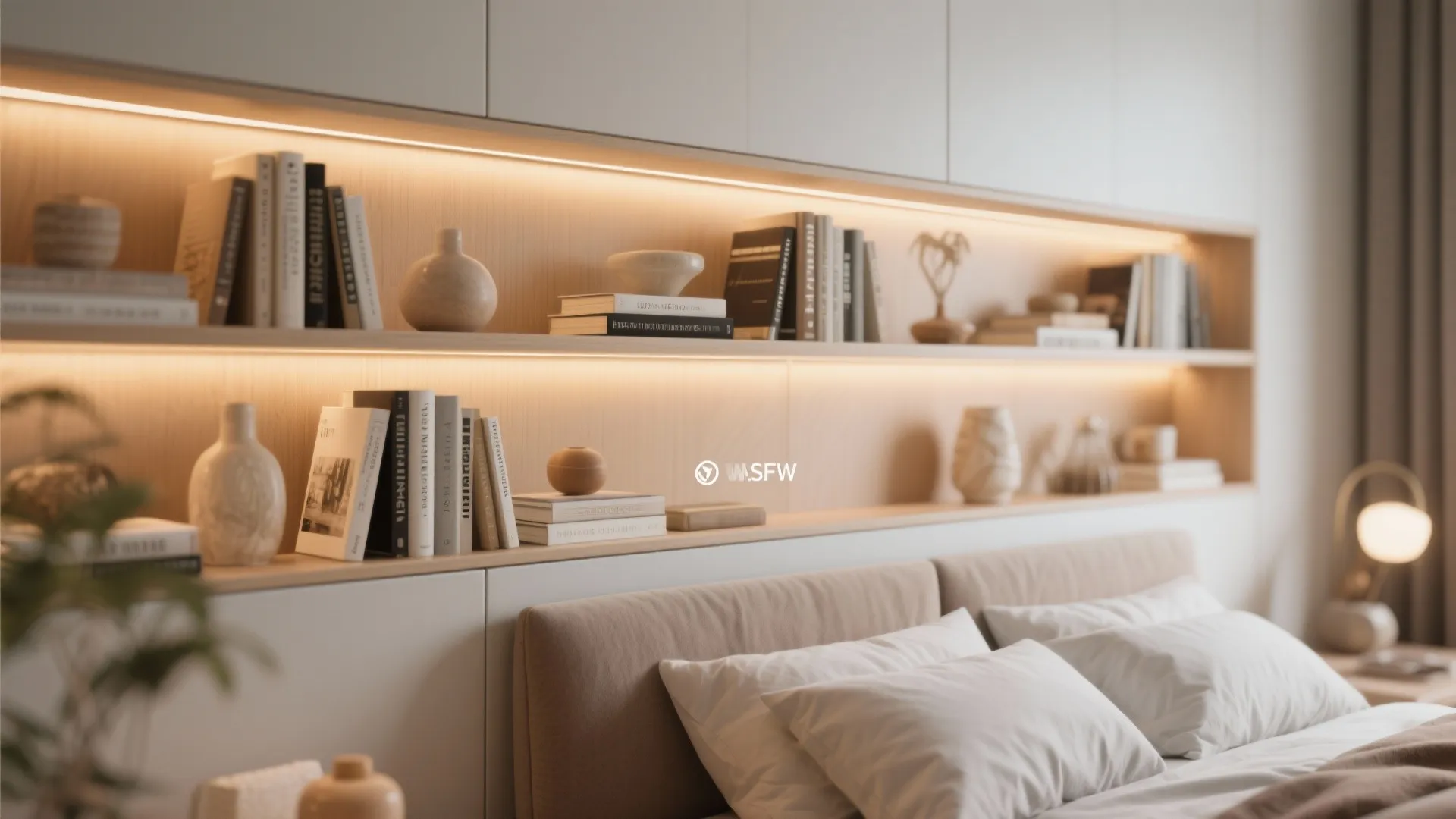 Bedroom headboard with built in wall shelves holding books and decor with warm light strips