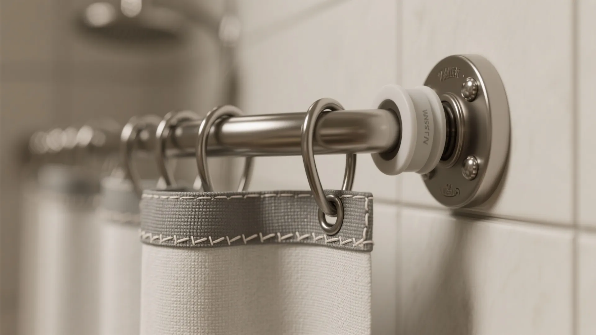 Close up of metal curtain rod and rings holding a white fabric shower curtain in bathroom
