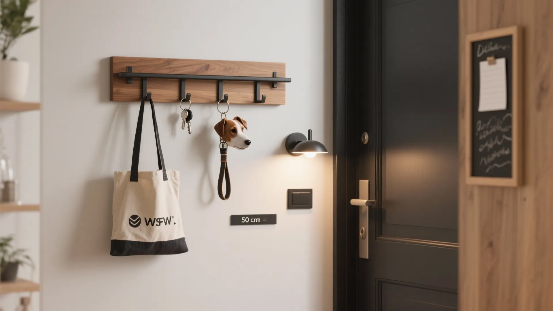 Compact entry with oak plaque and hidden rails organizing keys, leash, and a message board under a sconce.