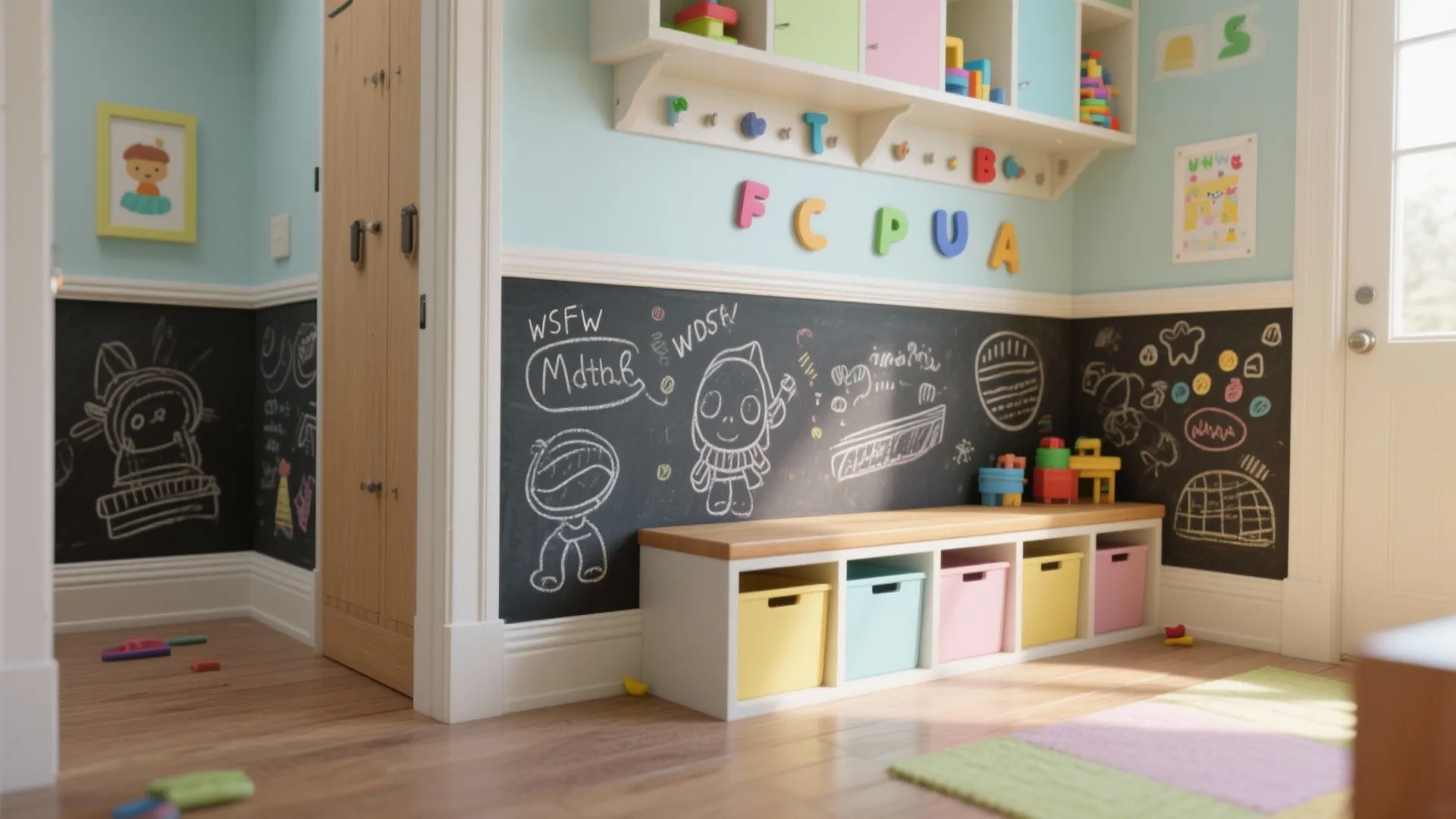 Kids' mudroom wall with a washable/chalkboard lower half framed by white trim, showing magnets and chalk marks.