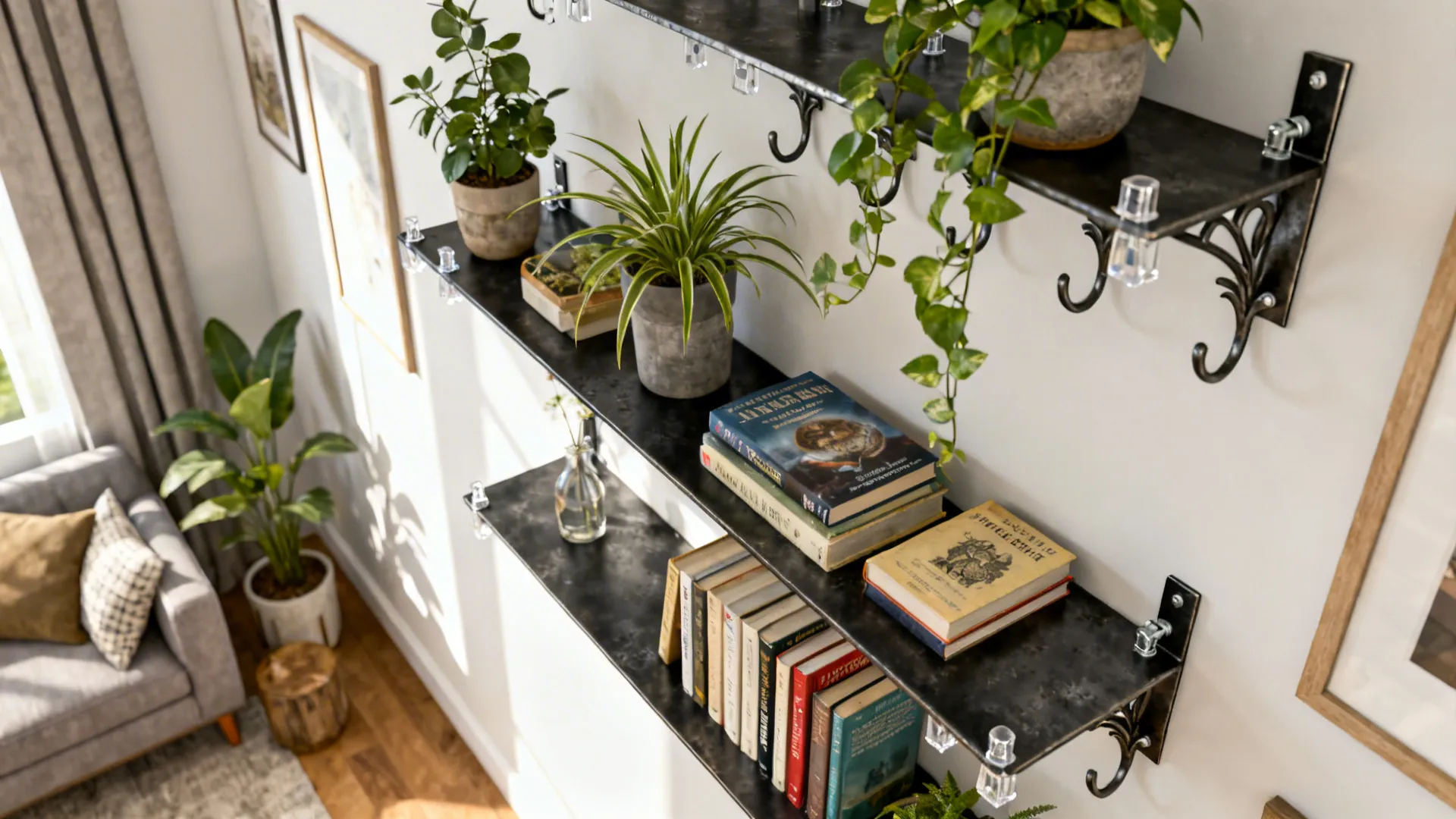 5. Functional metal art — shelves and hooks