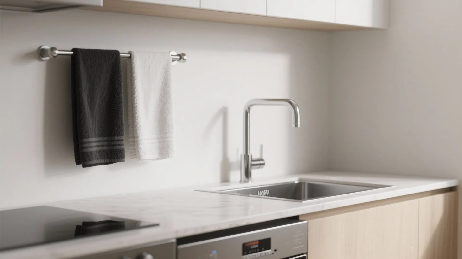 Modern kitchen with white marble countertop silver faucet black and white towels and wood cabinets