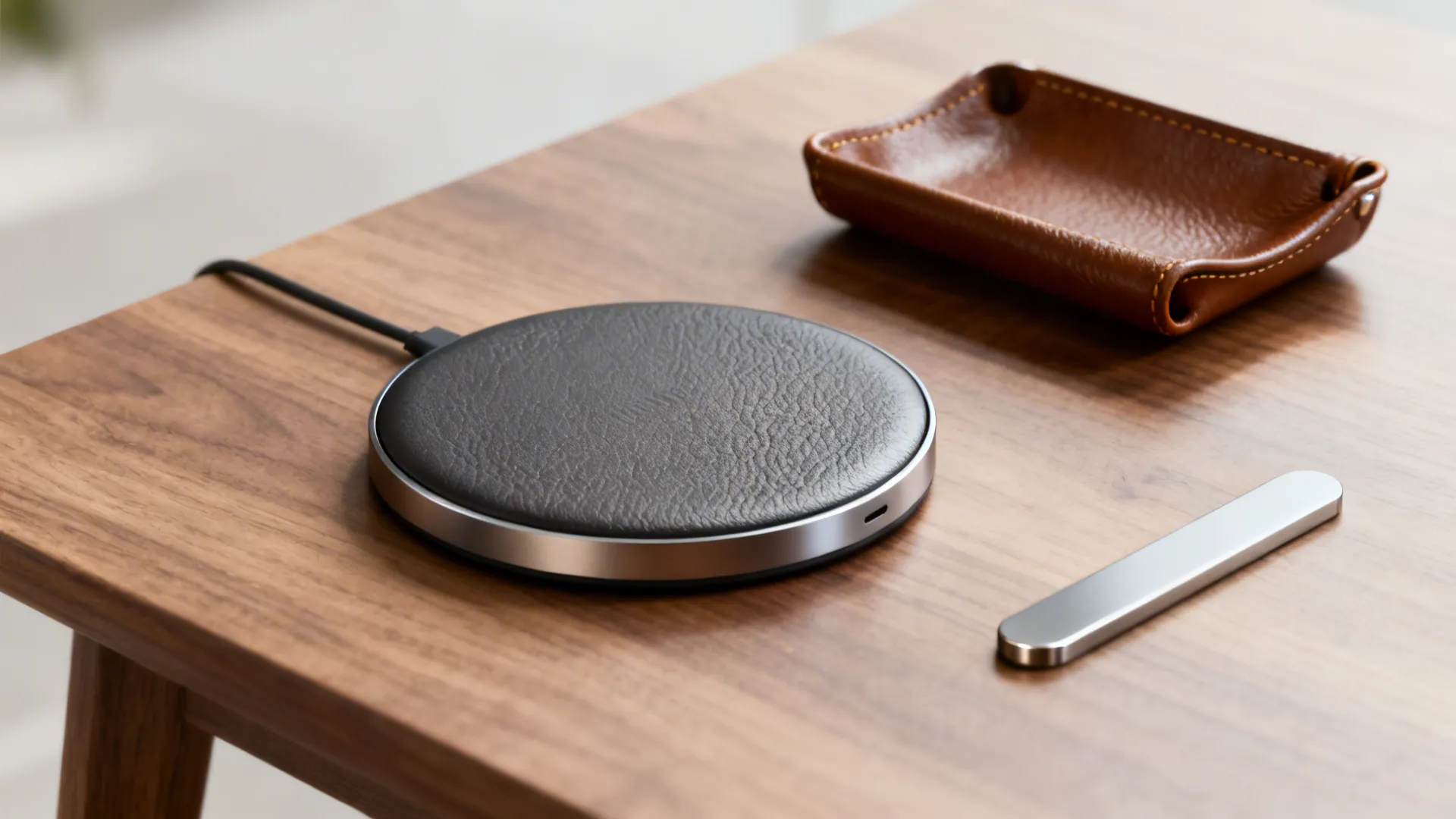 Wireless charger and leather catchall styled on an end table