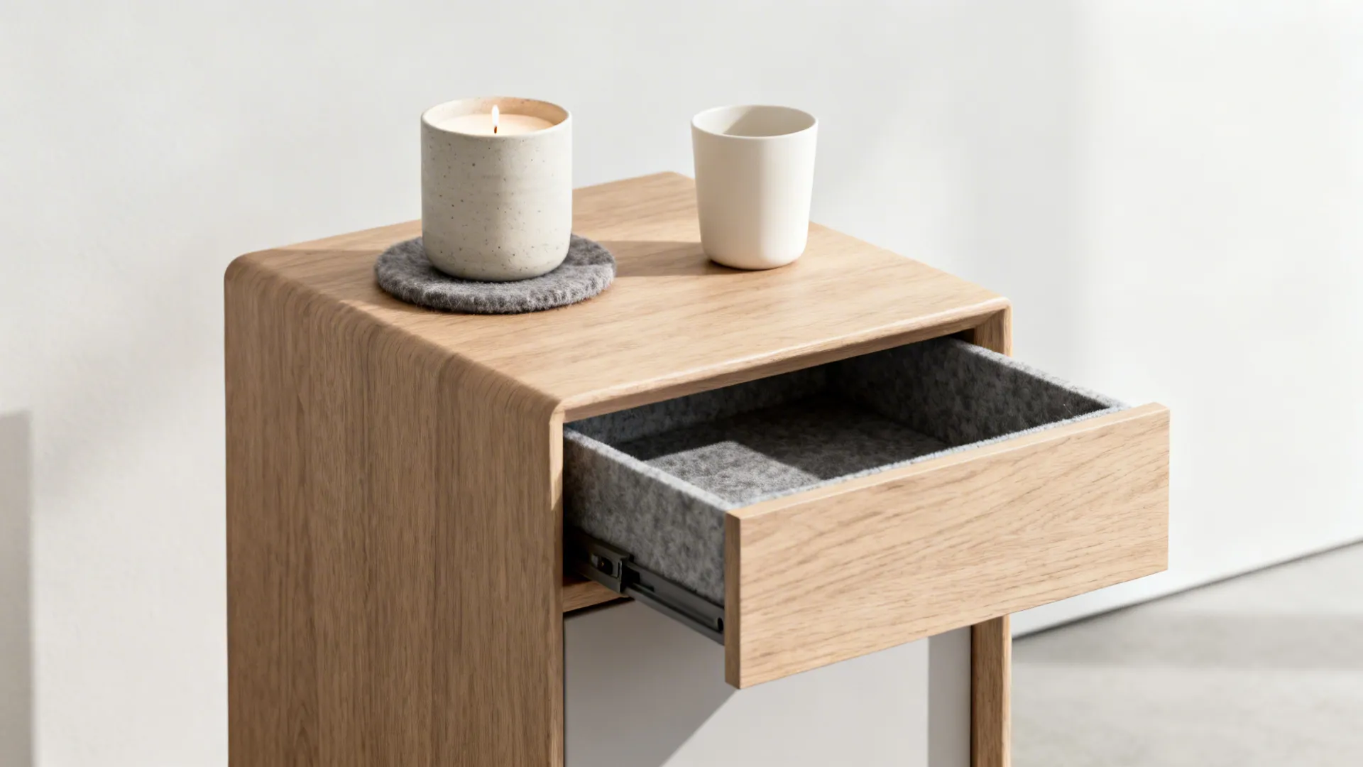 Compact side table with a drawer and a minimal tabletop featuring a candle on a coaster.