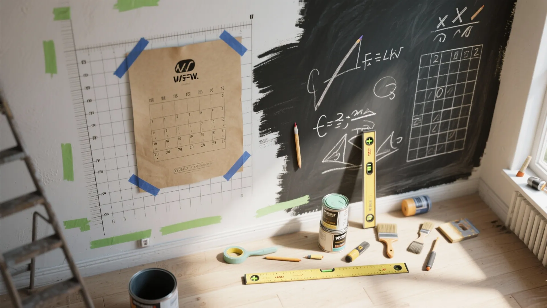 Chalkboard wall with calendar and math formulas surrounded by paint cans and home renovation tools