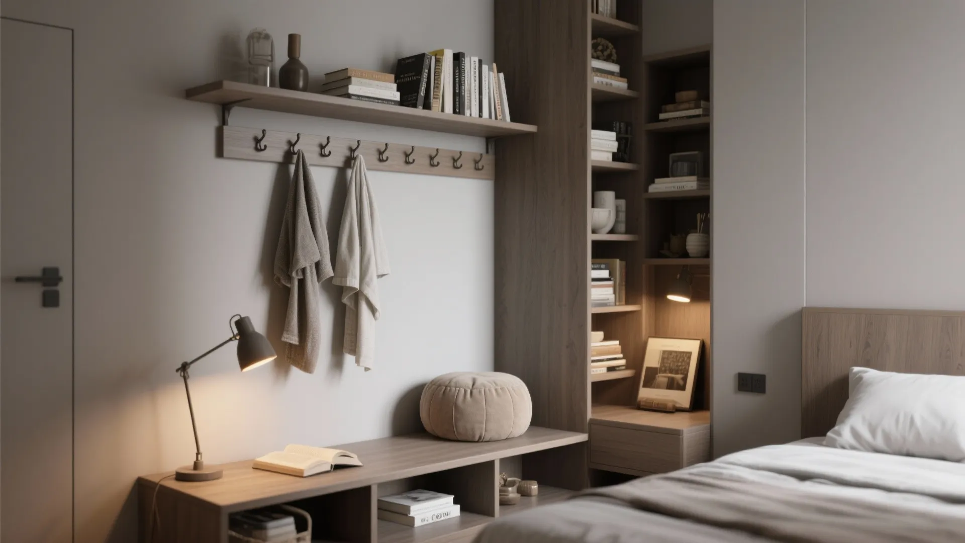 4. Functional Wall — Shelves, Hooks, and a Reading Nook