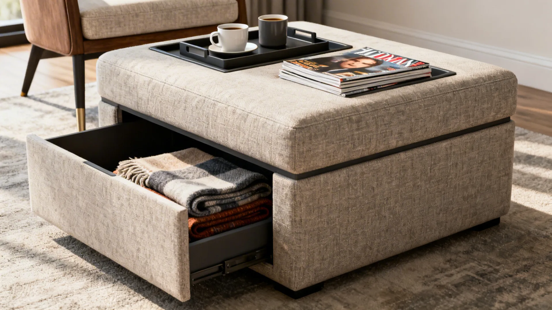 Oversized ottoman styled with a tray for coffee and hidden storage for throws and magazines.