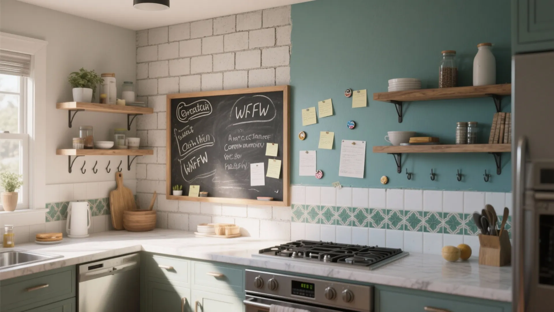 Modern kitchen featuring green cabinets wooden shelves a blackboard on the wall and gas stove