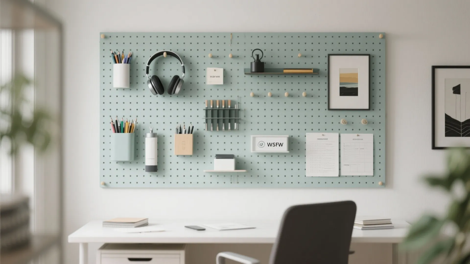 Blue pegboard with headphones and office supplies mounted on a white wall above a desk