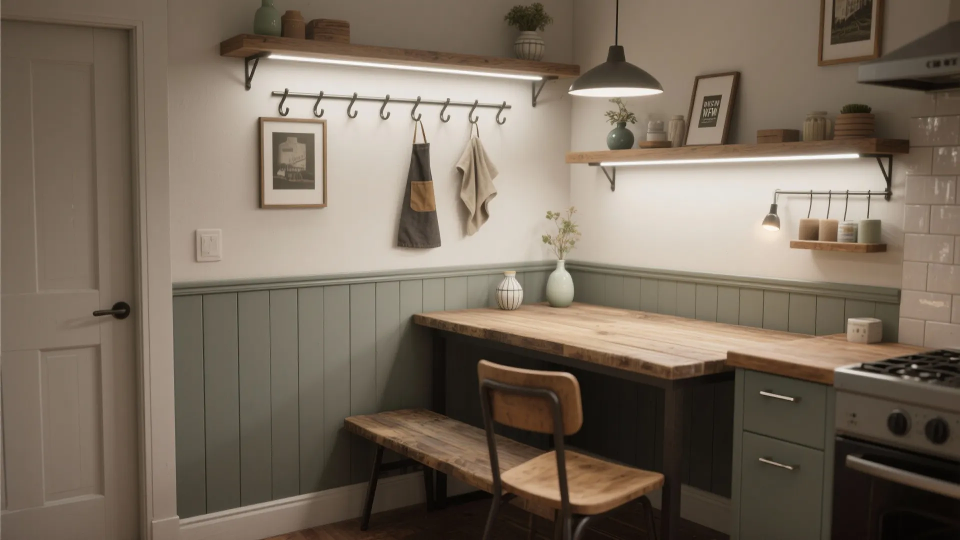 5. Functional Rail: Hooks, Narrow Shelves, and Lighting