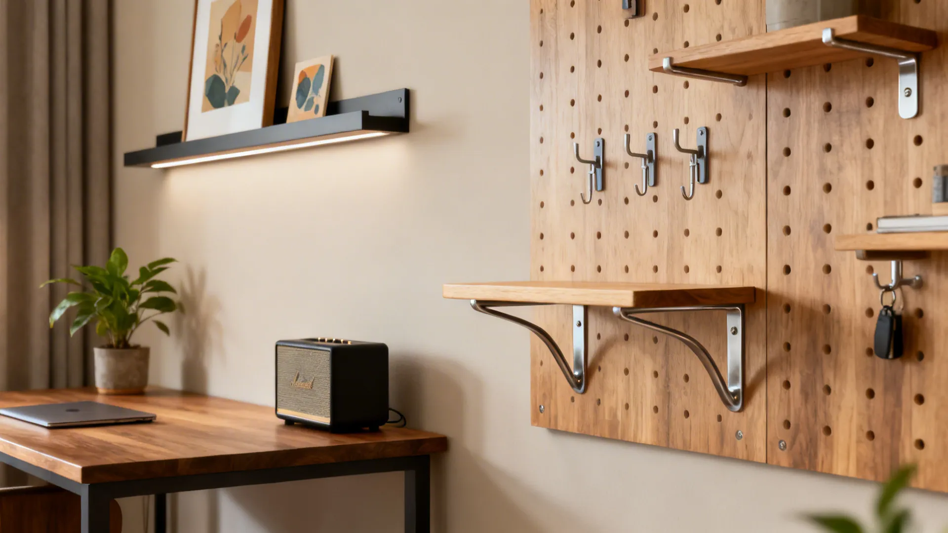 Slim picture ledge and pegboard above a desk with curated objects and 30–40% open space.