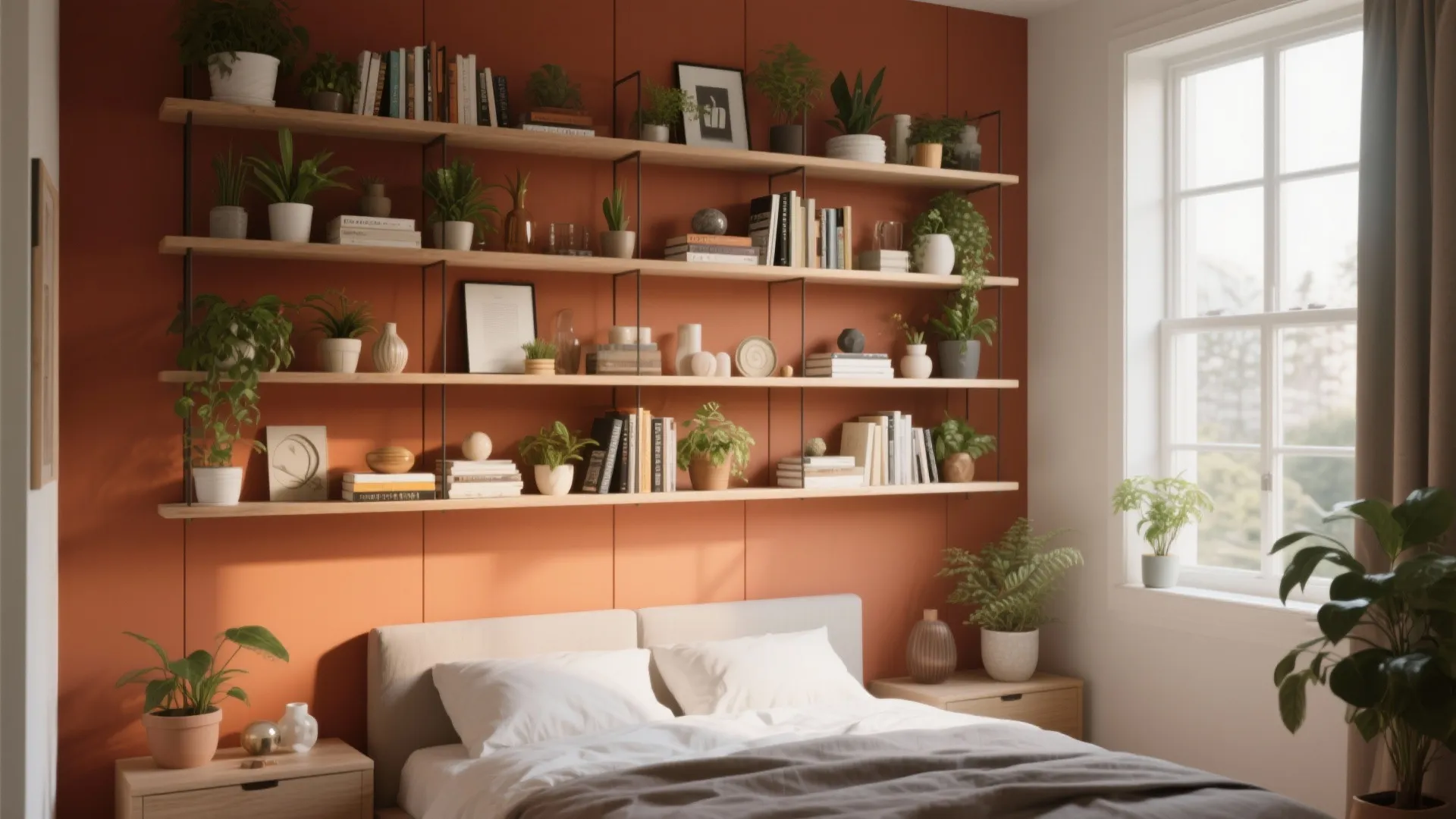 Bedroom with orange accent wall wooden shelves holding many green plants books and a bed