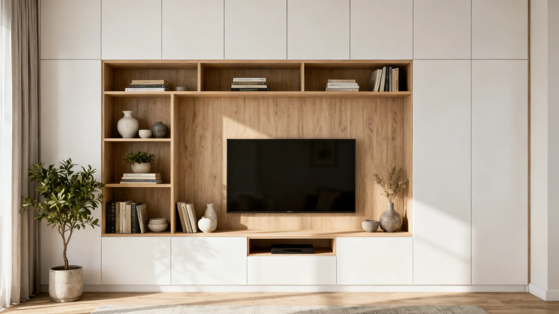 Functional wall with shallow open shelving and lower cabinets styled with books, ceramics, and plants.