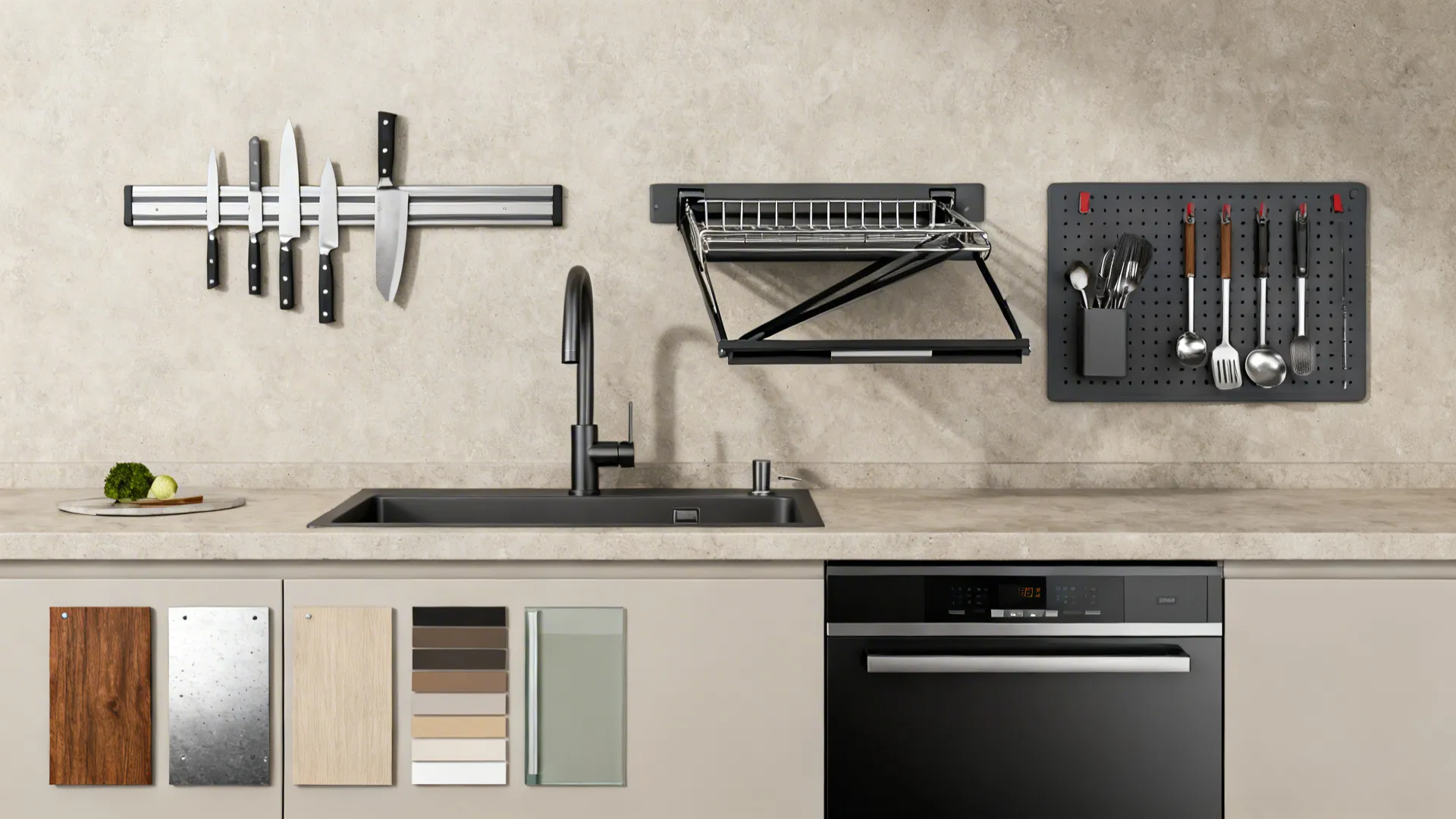 Flatlay of functional features for a sink wall including a pull-out drying rack, magnetic strip and pegboard.