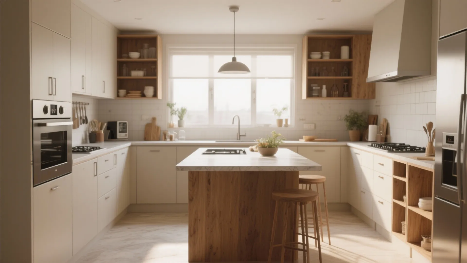 Modern white kitchen with wooden island stools ceiling light large window and white cabinet storage