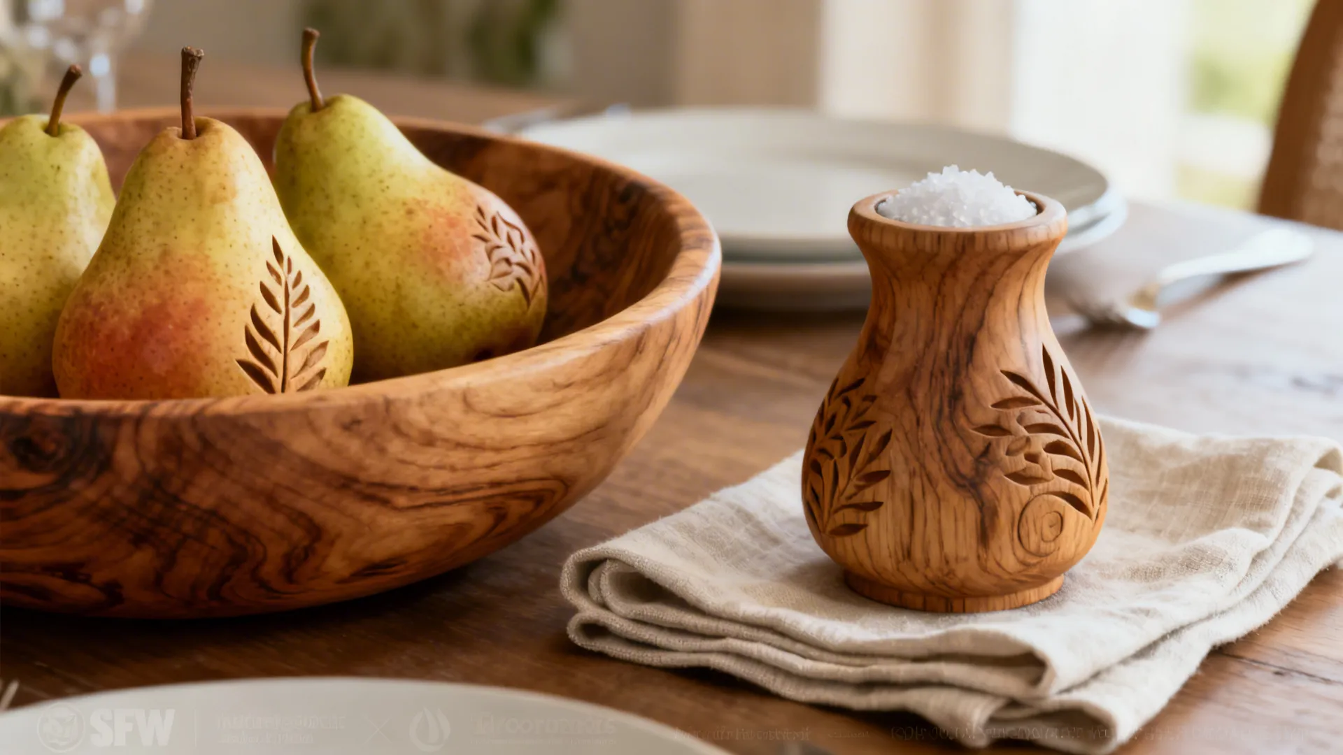 A single handmade wooden dough bowl with pears on a dining table as a functional statement piece.