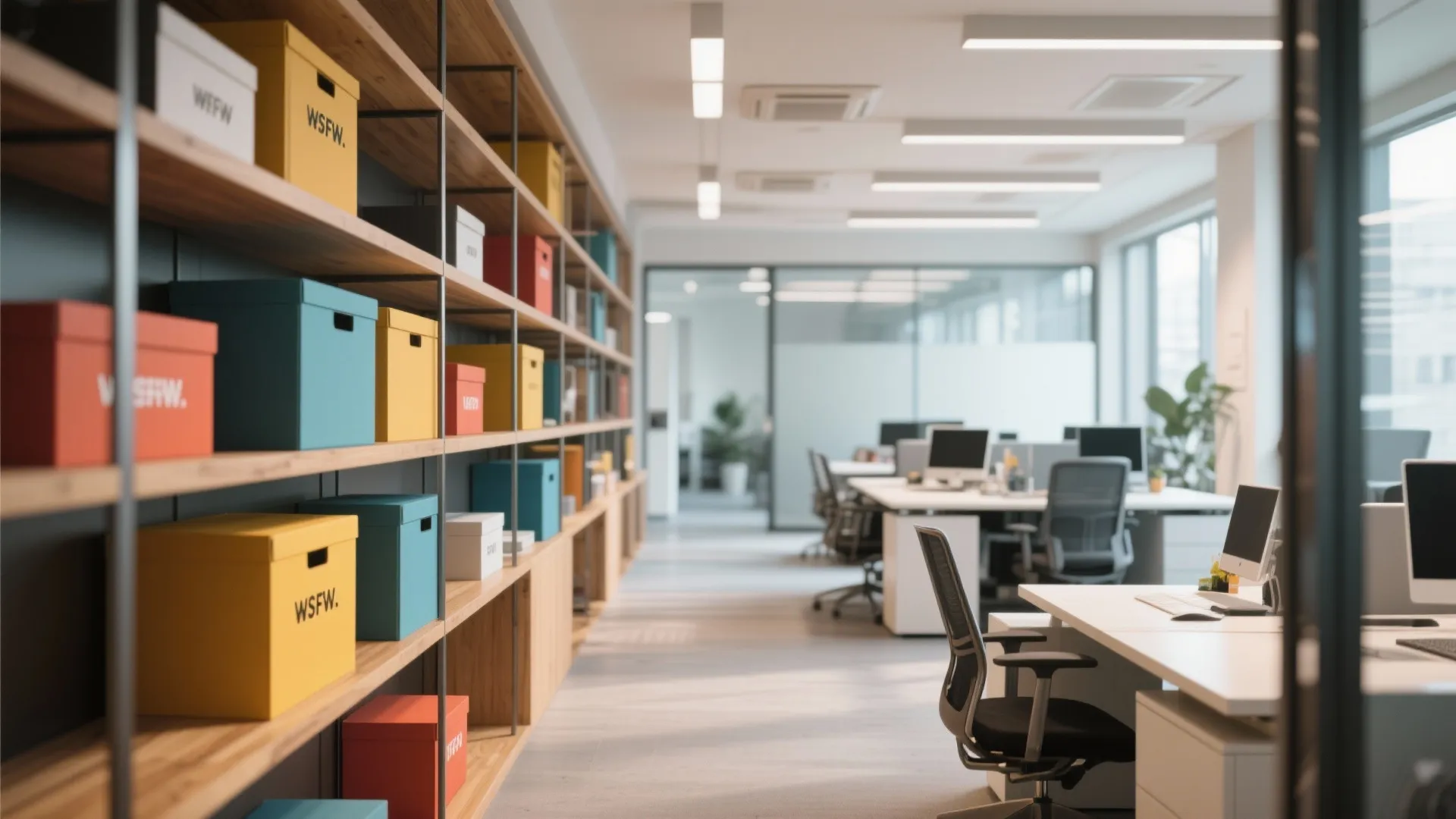 Modern open office space featuring wooden shelves with colorful storage boxes and white work desks