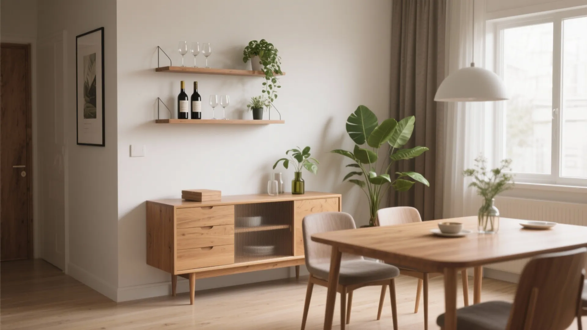 Slim sideboard and floating shelves in a compact dining room