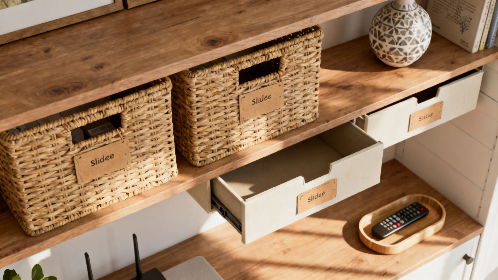Flatlay of shelf styling with alternating decorative items and labeled storage boxes for family use.