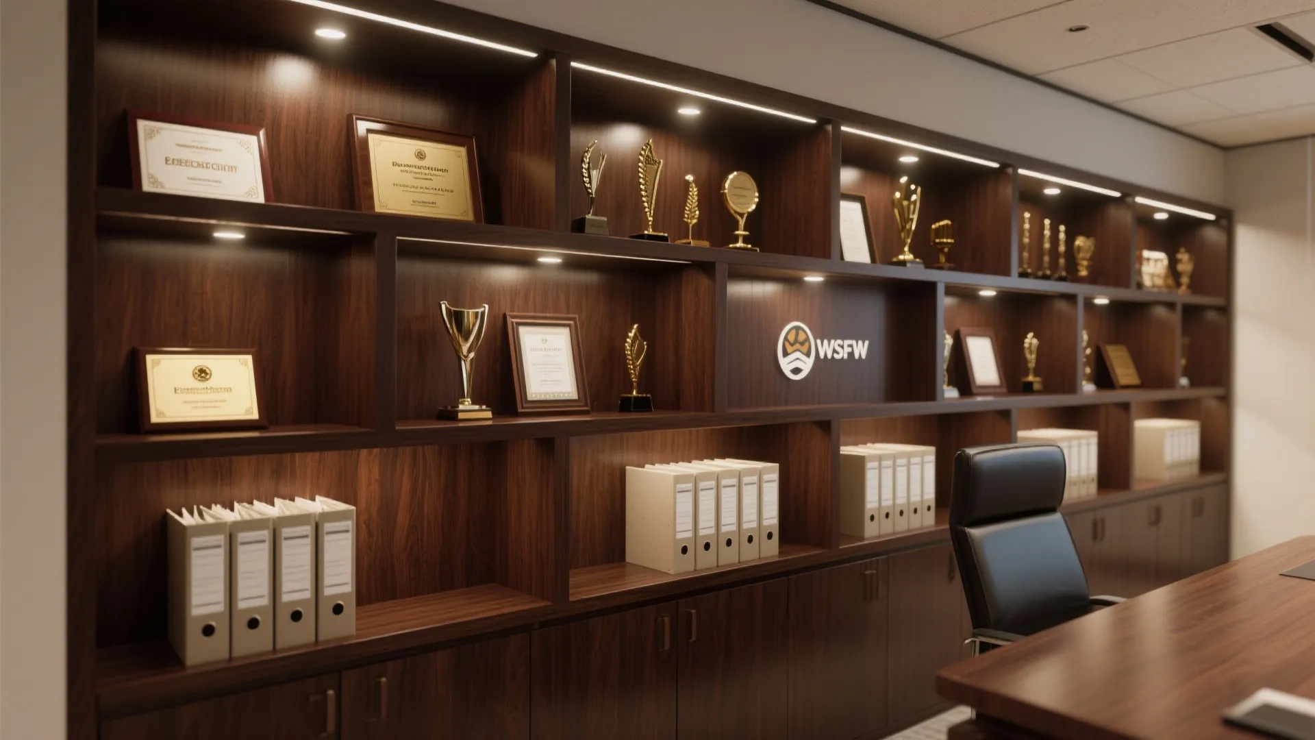 Dark wooden wall cabinet with lighted shelves displaying awards gold trophies and white office folders