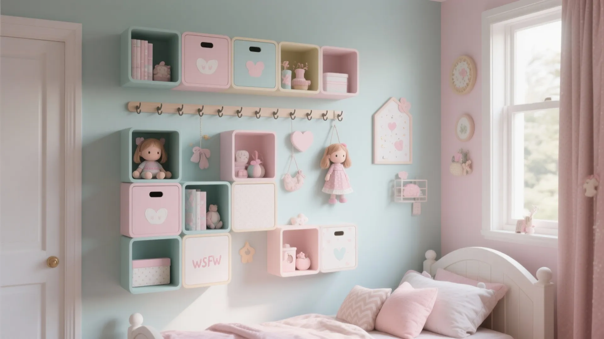 Kids bedroom wall featuring pink and blue storage boxes with hanging dolls and wall panel
