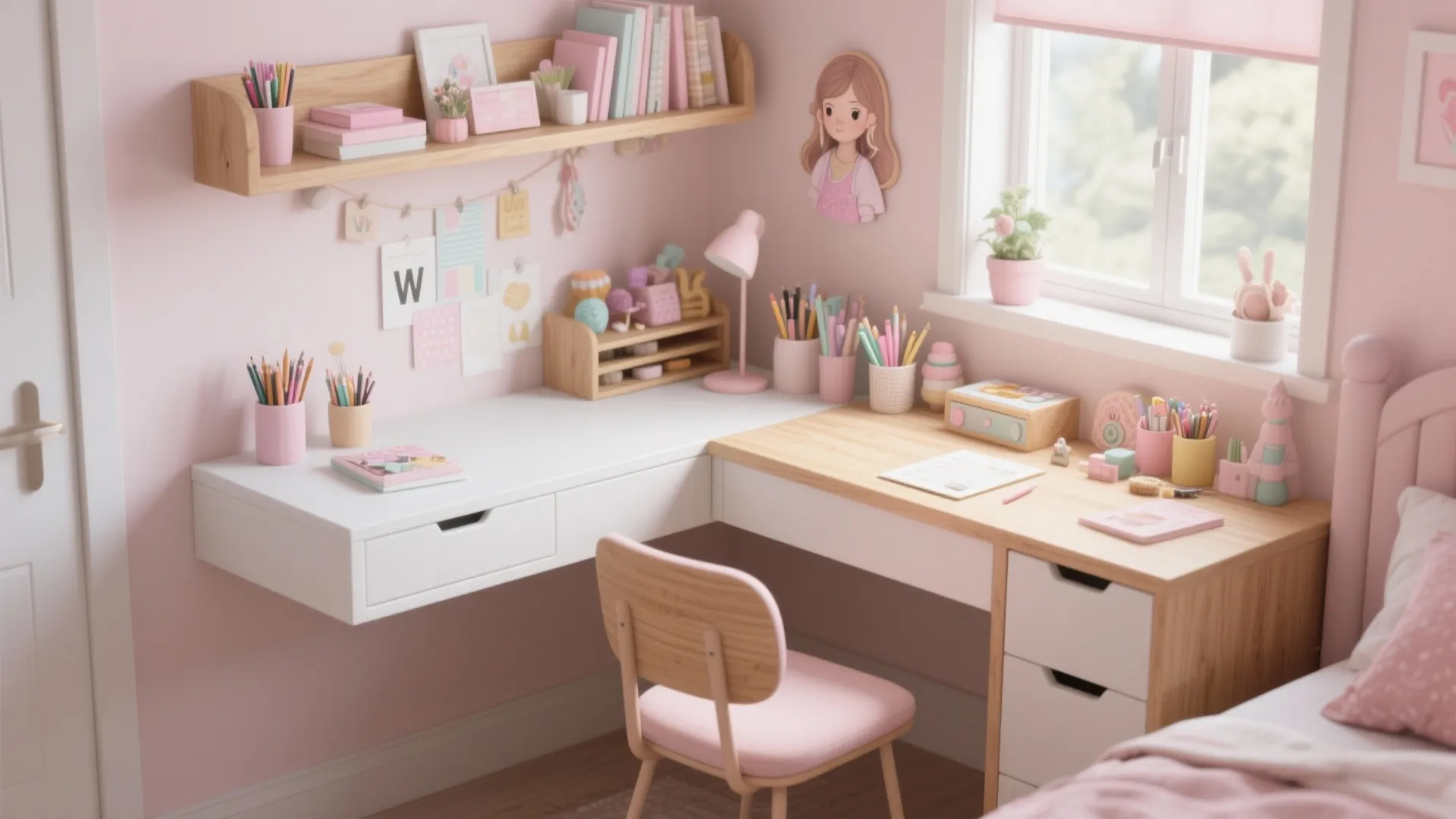 Pink kids study area with white corner desk wooden chair wall shelf and many art supplies