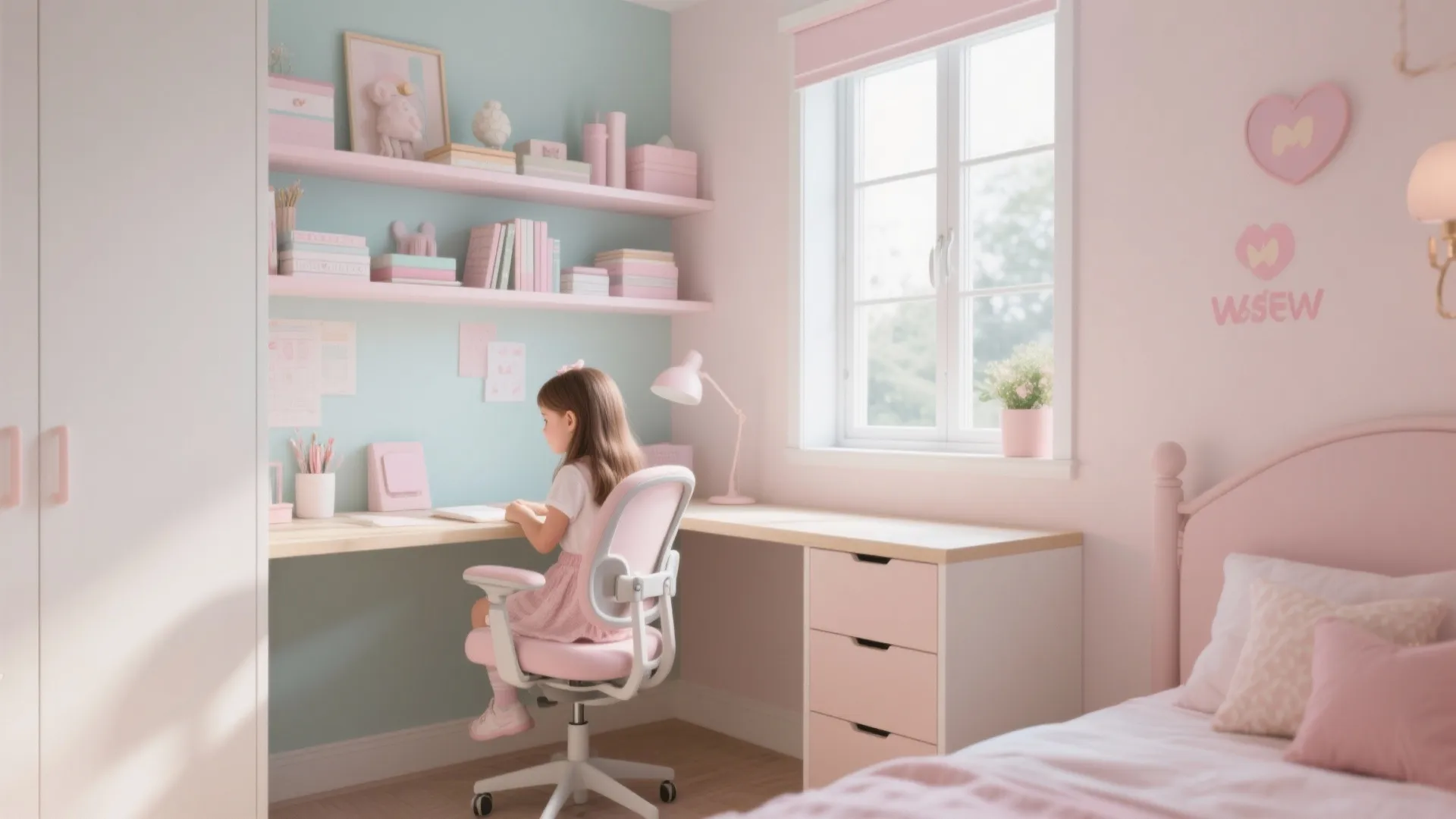 Little girl sitting at a pink desk with chair in a bright and sunny bedroom