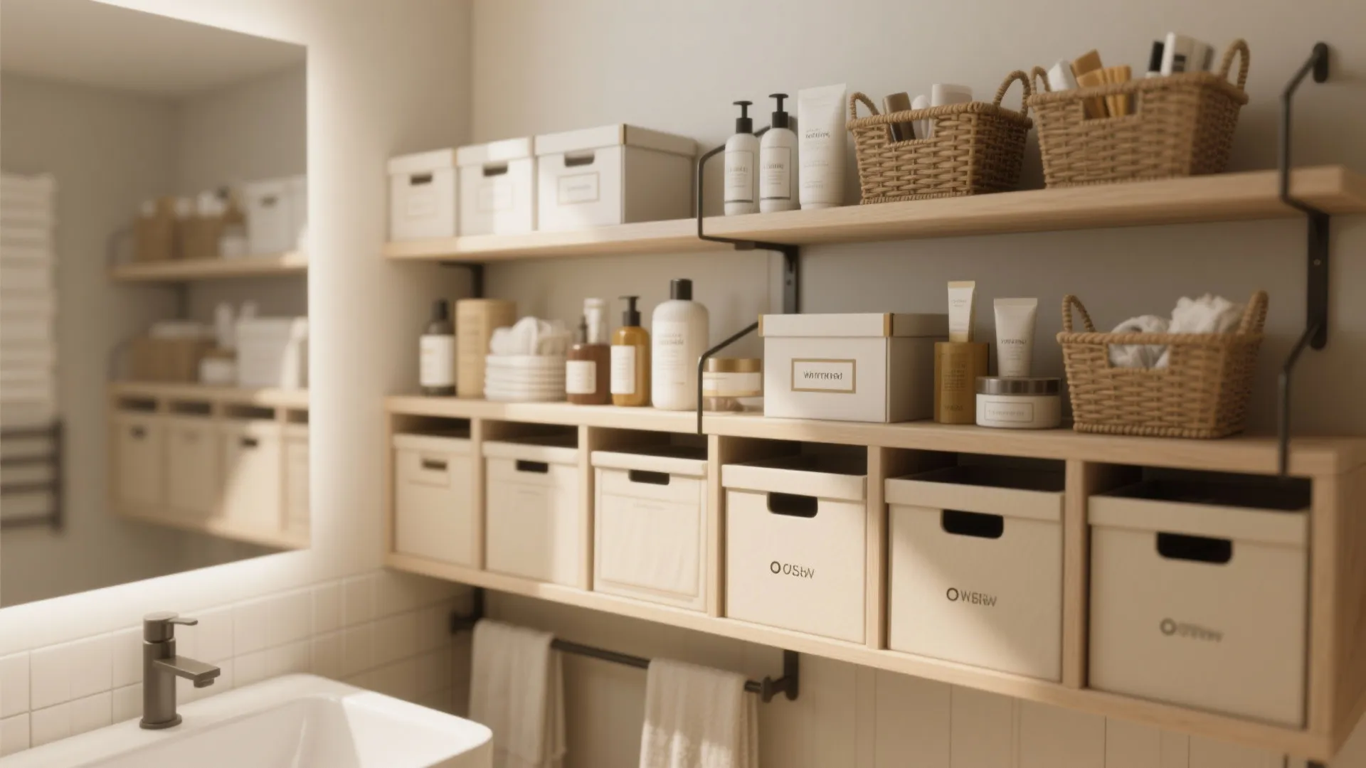 Organized bathroom wall with wooden shelves holding storage boxes plus bottles and small woven baskets