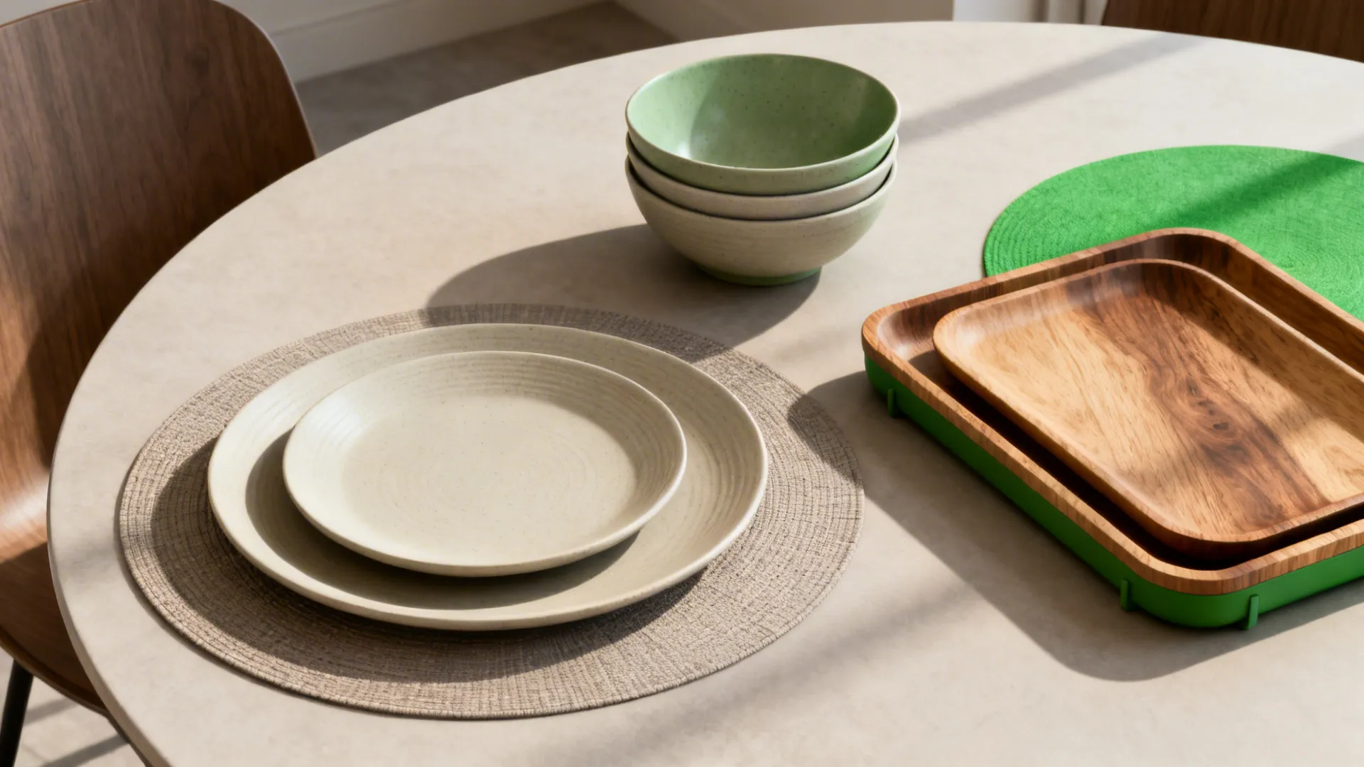 Flatlay of nesting placemats, stackable bowls and wooden trays styled for easy tabletop functionality.