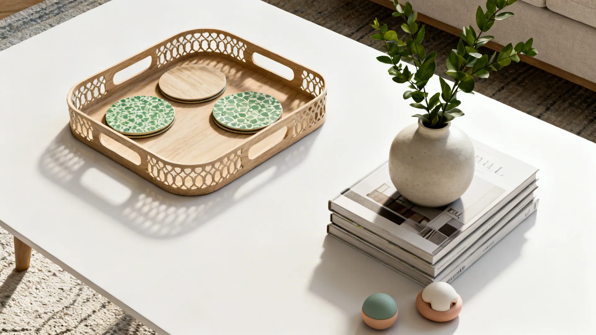 Top-down view of a white coffee table styled with a tray, books and a low vase for practical everyday use.