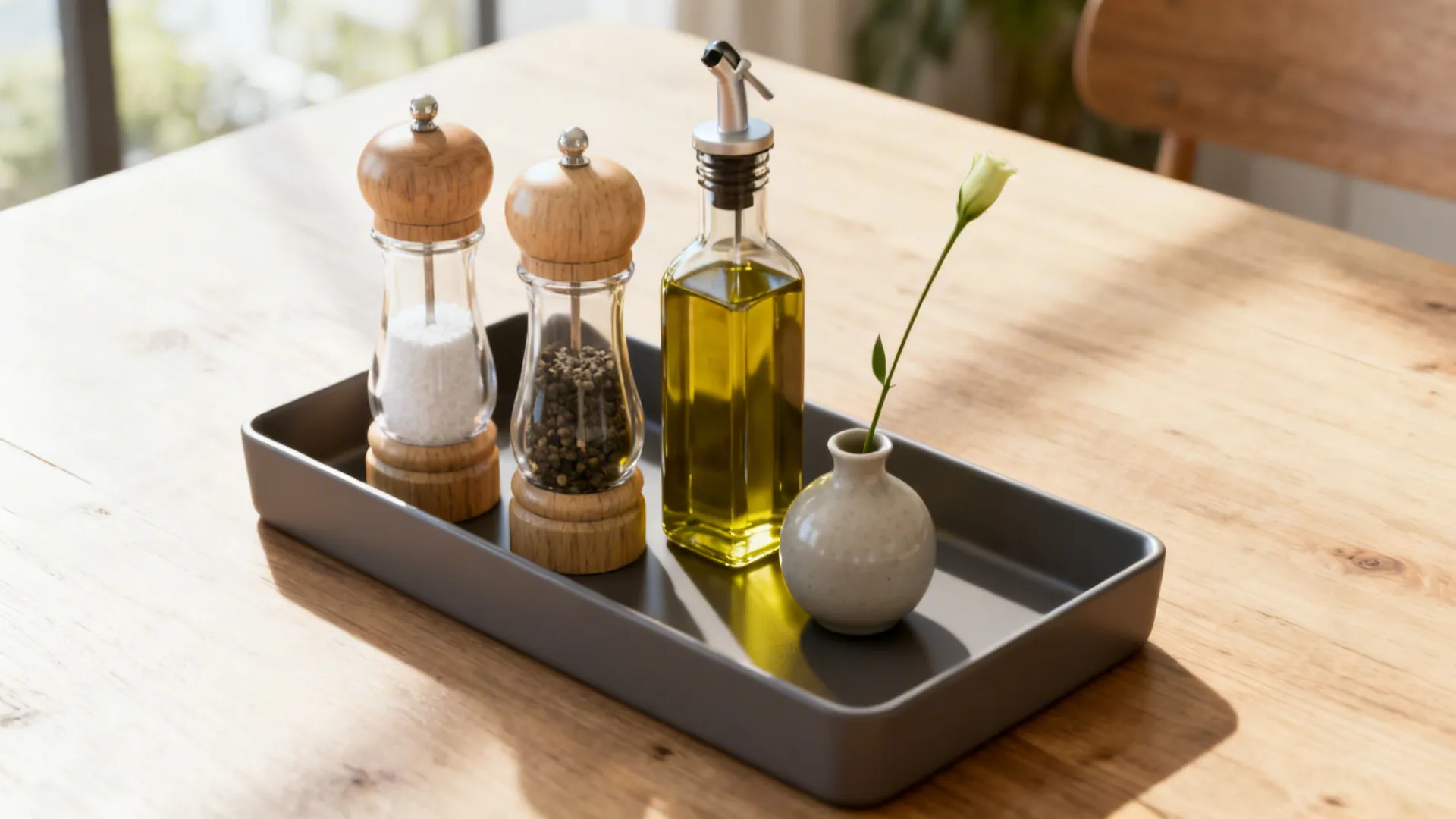 Tray with salt and pepper mills, olive oil cruet, and a small bud vase on a dining table.