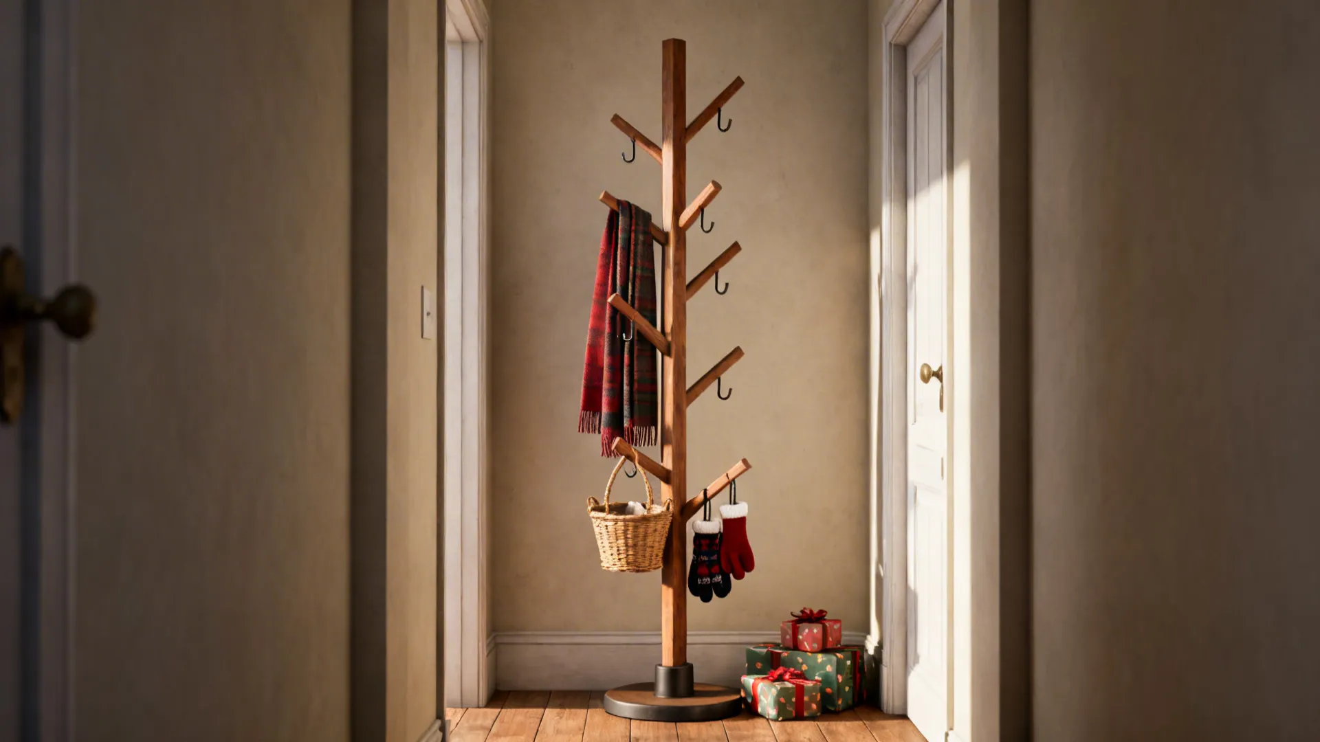 Slim tree used as a coat and gift station with hooks and baskets in a small entryway.