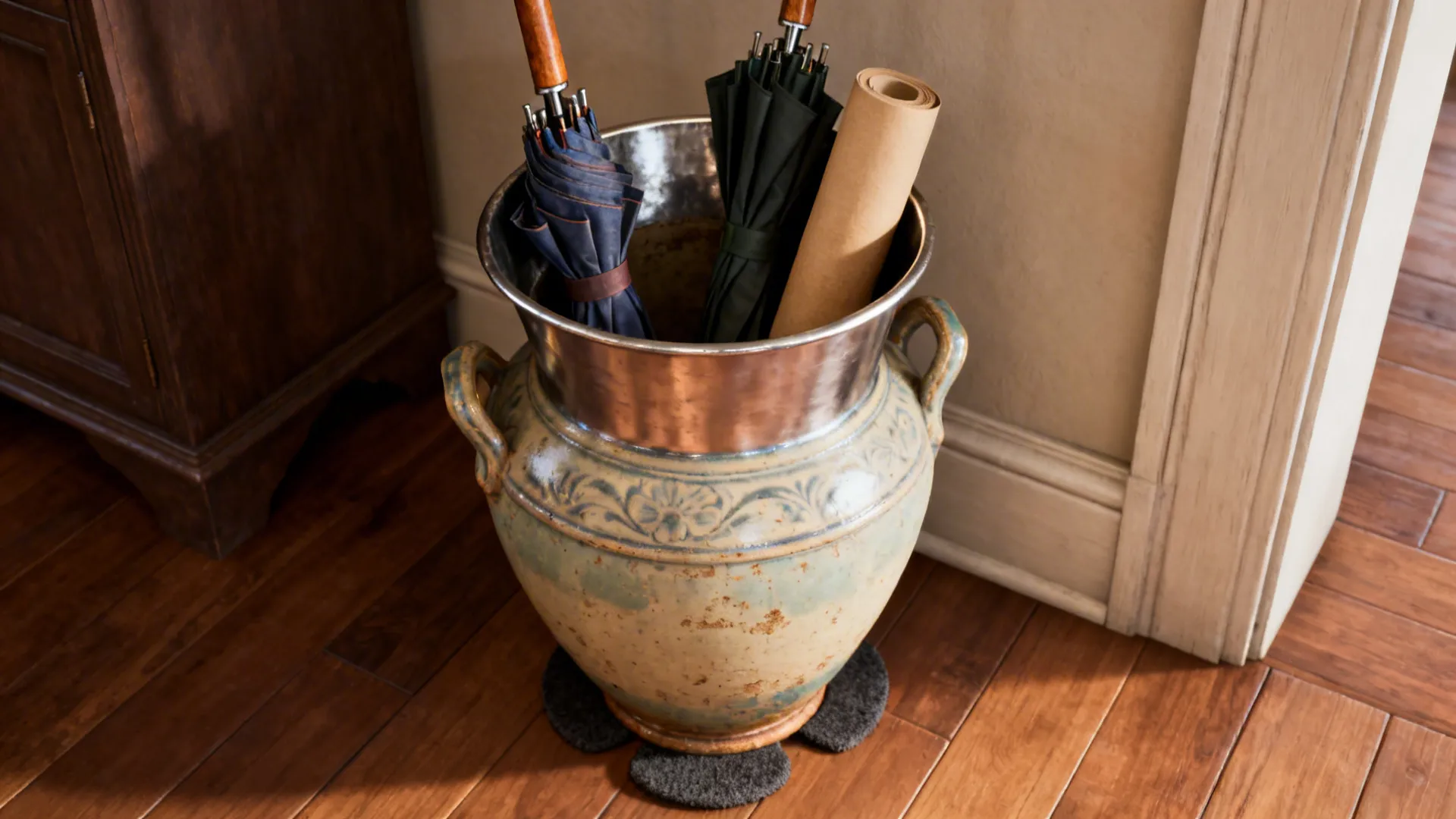 Antique floor vase with inner liner used as an umbrella stand and storage for wrapping paper rolls.