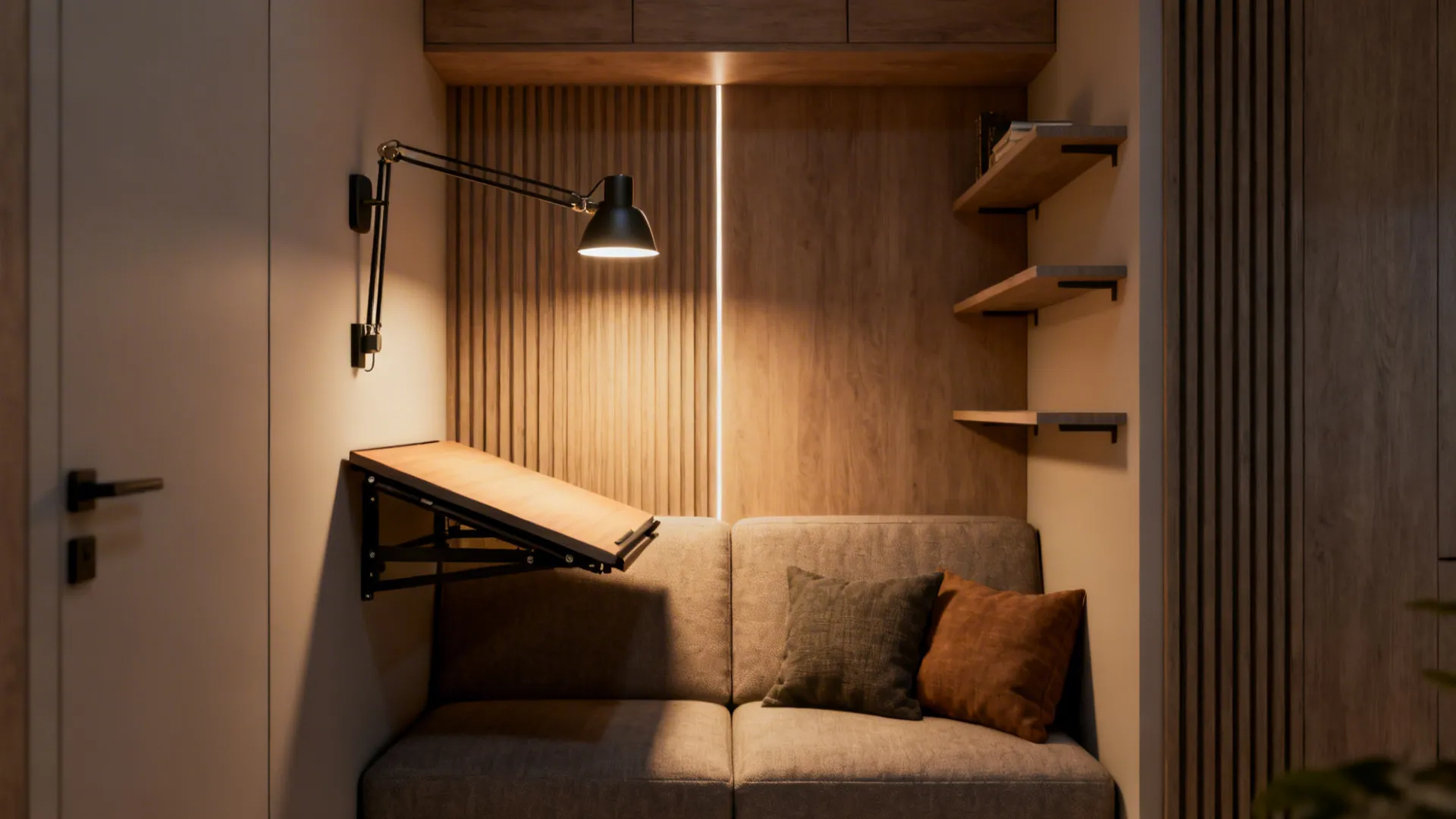 Wall-mounted swing-arm lamps and a folded-down desk in a small living room for multifunctional use