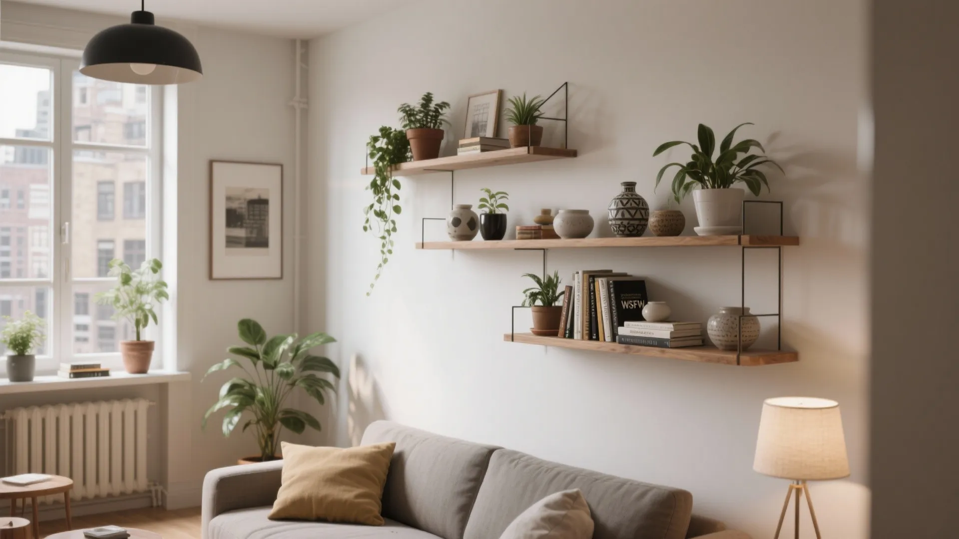 Modern living room featuring wooden wall shelves with green potted plants books and decorative vases