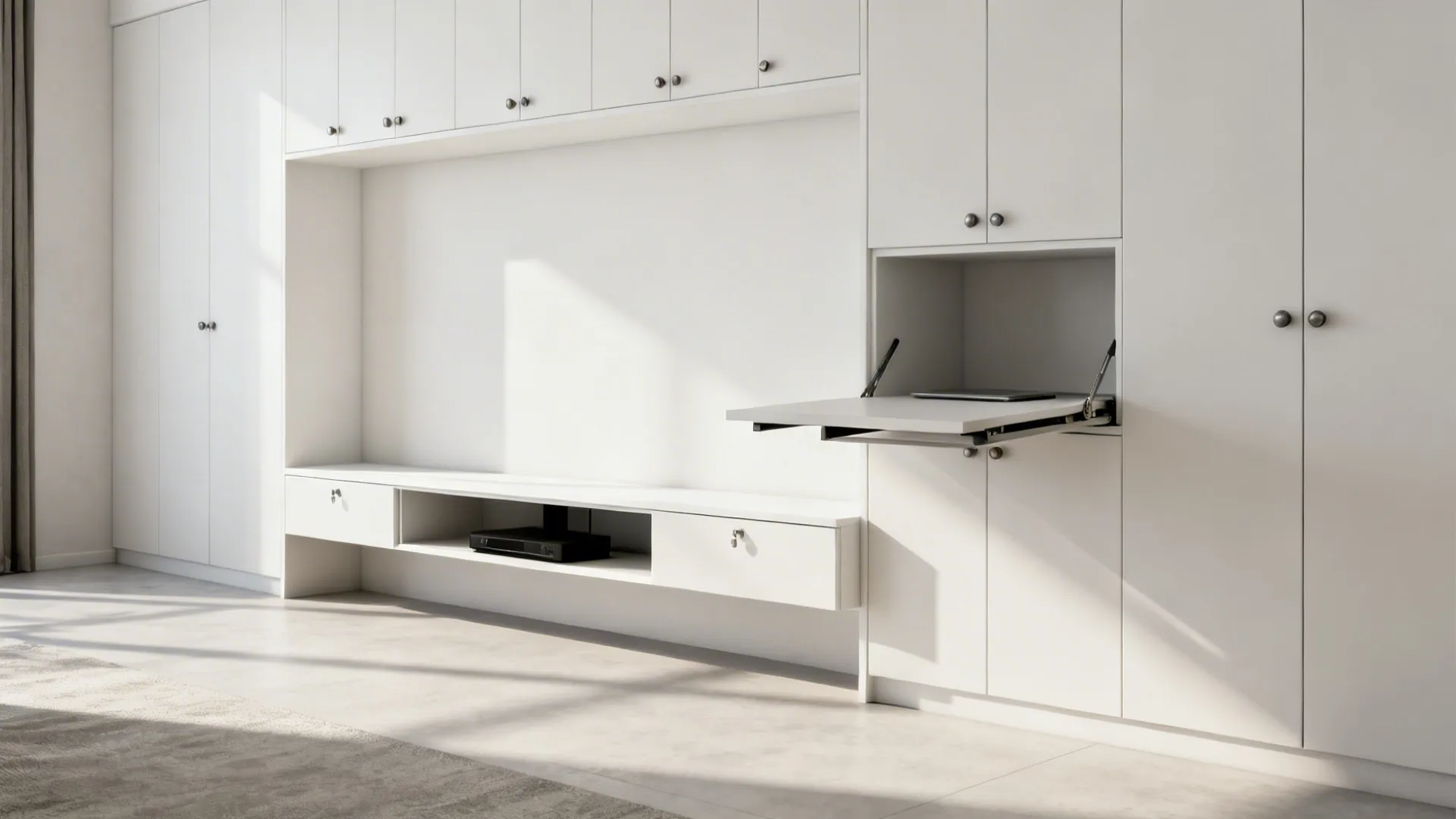 White wall with slim media console, built-in cabinets and a fold-away workspace.