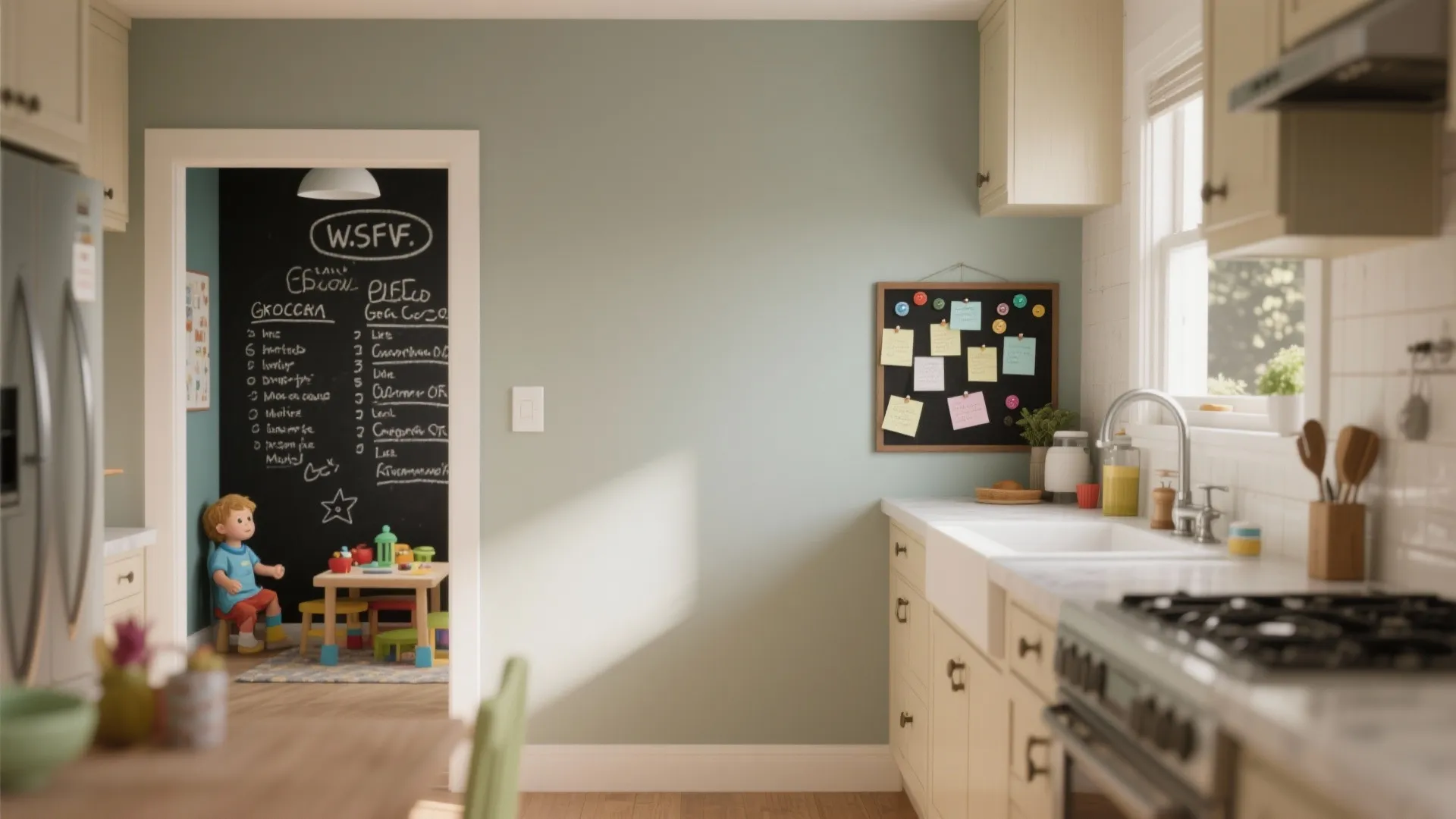 Compact kitchen and kids' corner showing washable satin paint, a chalkboard wall with notes, and a magnetic strip for organization.