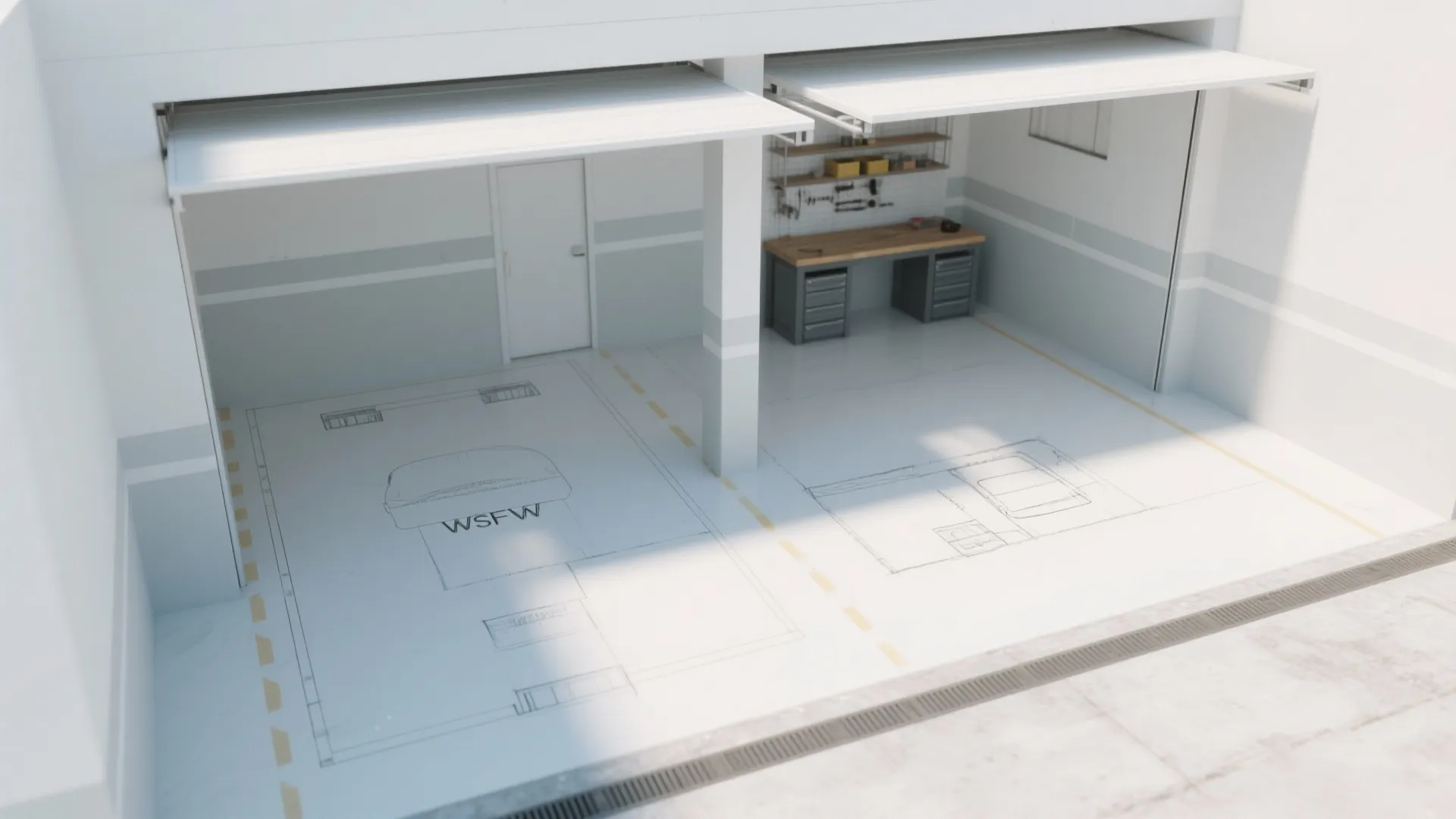 Garage workspace with floor plans on ground plus workbench and storage under two open white doors